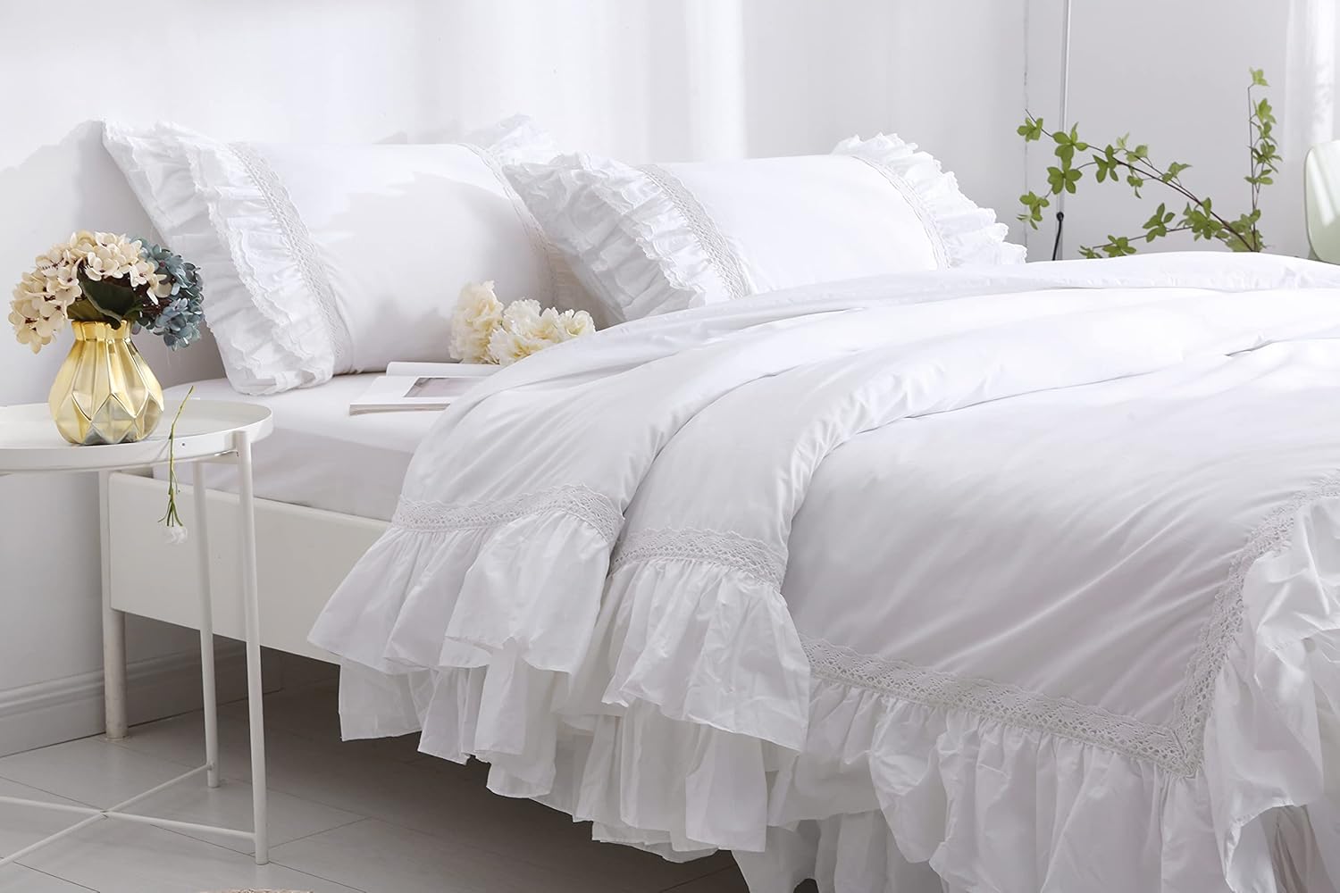 White Queen Duvet Cover with Ruffles and Lace Quilt Cover Egypt Cotton 90x90 Inch 1 Pieces Solid(Not Include Pillowcases and Insert)