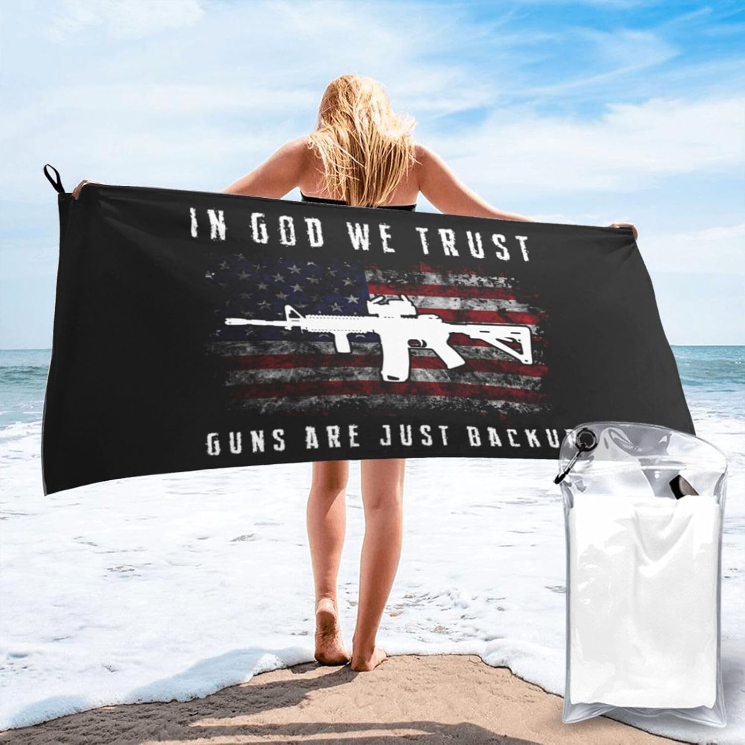 in God We Trust My Guns are Just Backup Beach Towels,Microfiber Beach Towels for Travel, Absorbent Quick Dry Towel for Swimmers Pool Sand Proof Beach Towels for Women Men, Beach Accessories