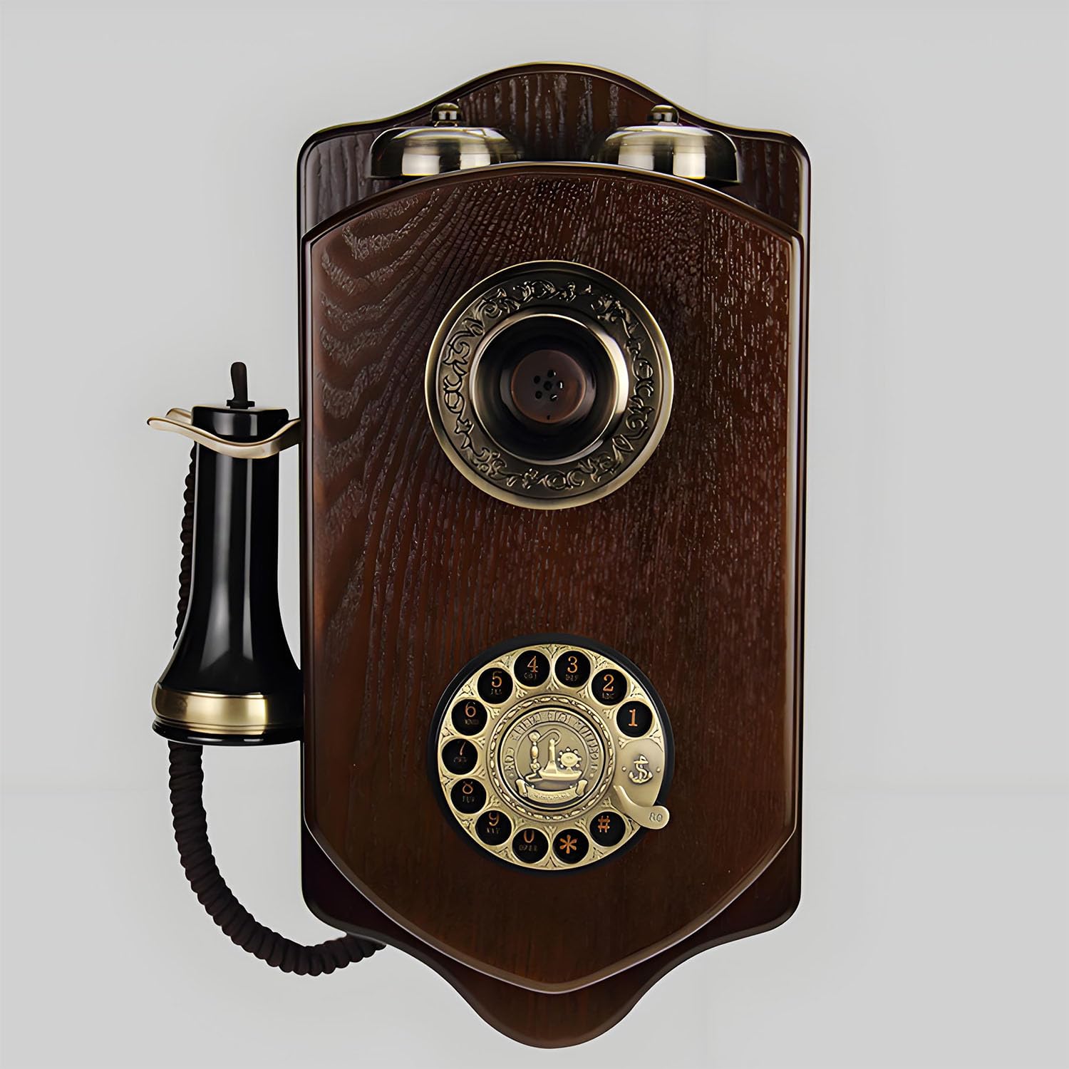 Naścienny telefon vintage – przewodowy design retro z tarczą ze stopu metalu i słuchawką w stylu antycznym do domu, biura, filmu i wystroju vintage