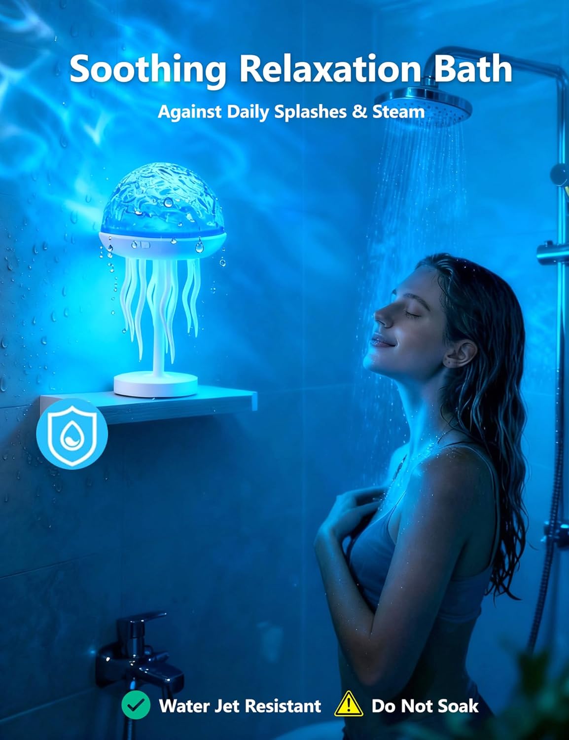 Jellyfish Shower Lamp Waterproof for Bathroom, Ocean Wave Projector 7 Colors, Rechargeable Touch Table Lamp, Cordless Ambient Light Gifts for Womens Monther Teenage Teen Girls