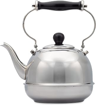 Old Dutch International 2 Qt. Stainless Steel Smooth Teakettle w/Wood Handle, shiny silver, black handle 21618
