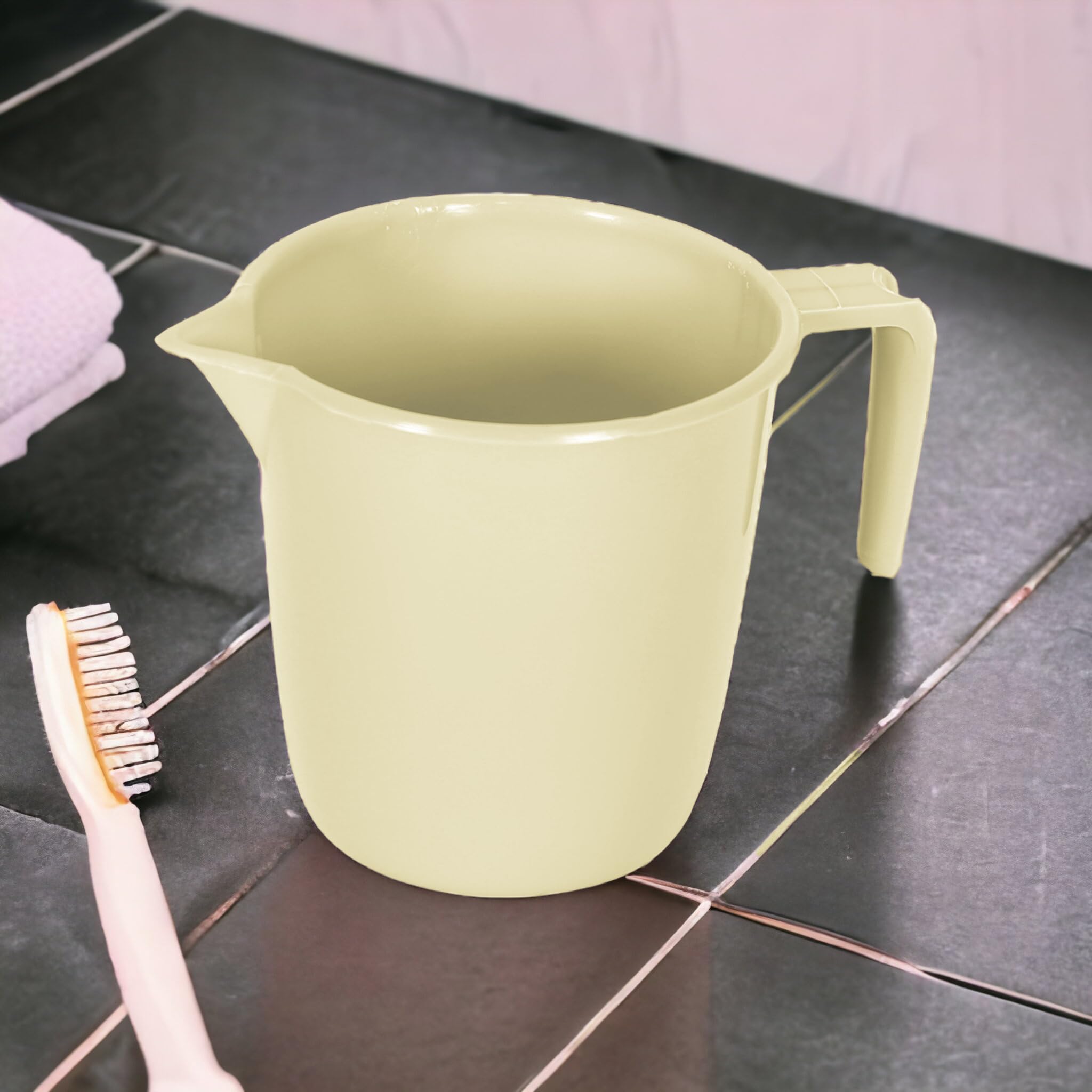 Kuber Industries Pack of 5 Multi-Functional 1.5 LTR Plastic Mug for Bathroom | Durable for Daily Use in Bathrooms | Sturdy and Lightweight Bathing Mug for Rinsing and Showering | Beige