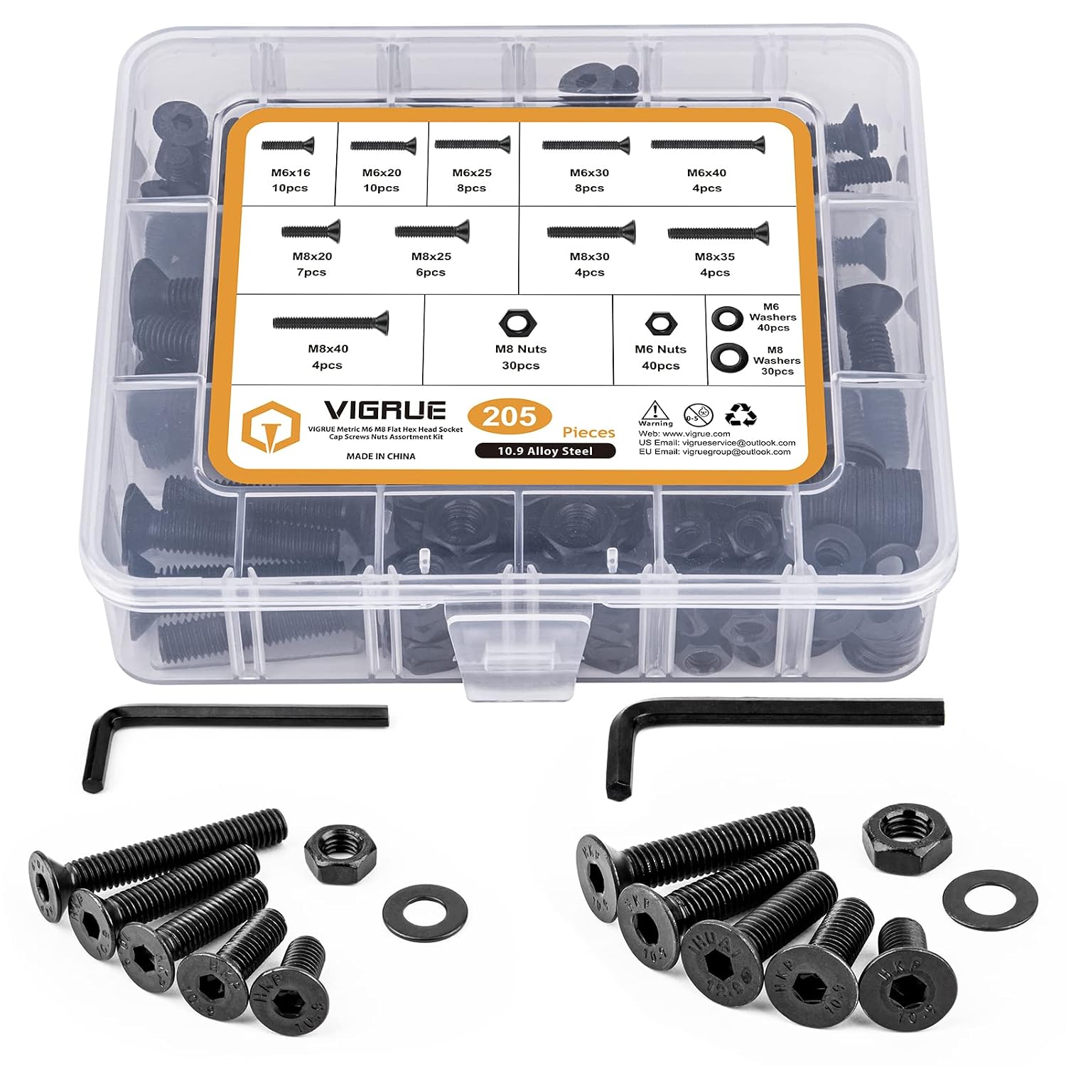 M6-1.0 M8-1.25 Flat Countersunk Hex Head Socket Cap Screws, 10.9 Grade Alloy Steel, VIGRUE 205PCS Metric Internal Hex Screws Bolts Nuts Washers Assortment Kit, Full Coarse Thread UNC