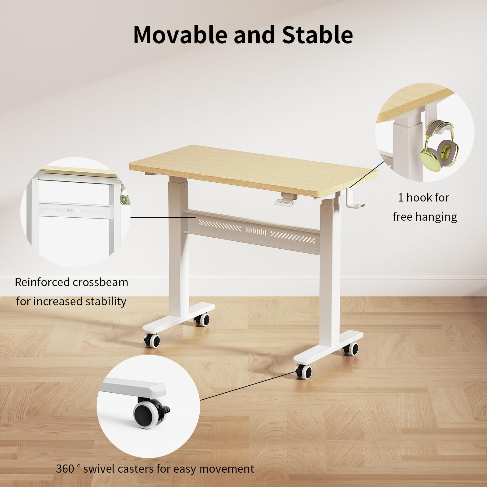 WALKINGDESK Bureau Mobile Réglable en Hauteur, 80 × 40 cm, Table de Lit avec roulettes Portable, Pneumatique Table Roulante Mobile pour Canapé, Lecture ou Travail, Chêne