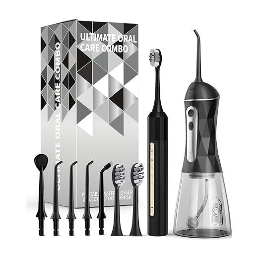 Water Flosser and Electric Toothbrush Combo,2-1 Oral Clean Kit, 5-Speed Sonic Electric Toothbrush & 4-Speed Portable Water Flosser to Clean Teeth and Protect Gum Health, IPX7 (Black-Set)