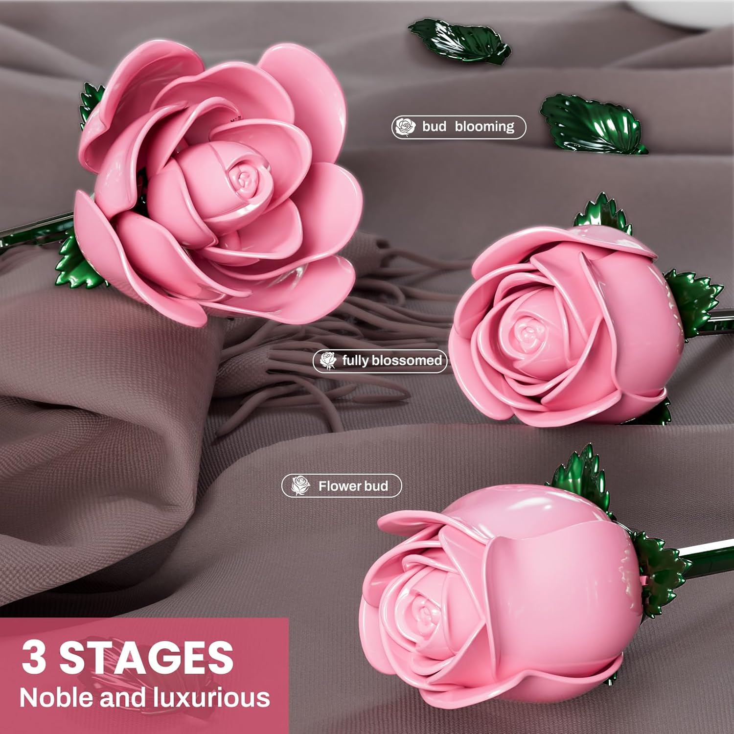 Valentine's Day Gift Pink Rose Bouquet Building Set for Adults Women - 12 Pack Botanical Collection Gift for Christmas Artificial Flowers Botanical Collection Centerpiece Retro Decor - Image 8