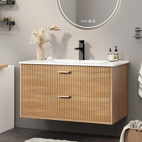 Vabches 30 Inch Bathroom Vanity with Sink, Wood Grain Wall Mounted Vanity with 2 Storage Darwers, Floating Bathroom Vanity with Storage, Bathroom Floating Vanity with Sink, Faucet, Drain, Oak