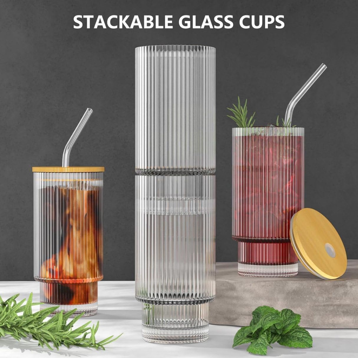 VILON Drinking Glass Can Wooden Lid Sipper Mason Jar for Mojito Ice Tea Juice Travel Mug with Straw | 350ml (350, Ribbed BB LID Sipper with Straw, 1, Sipper) 1