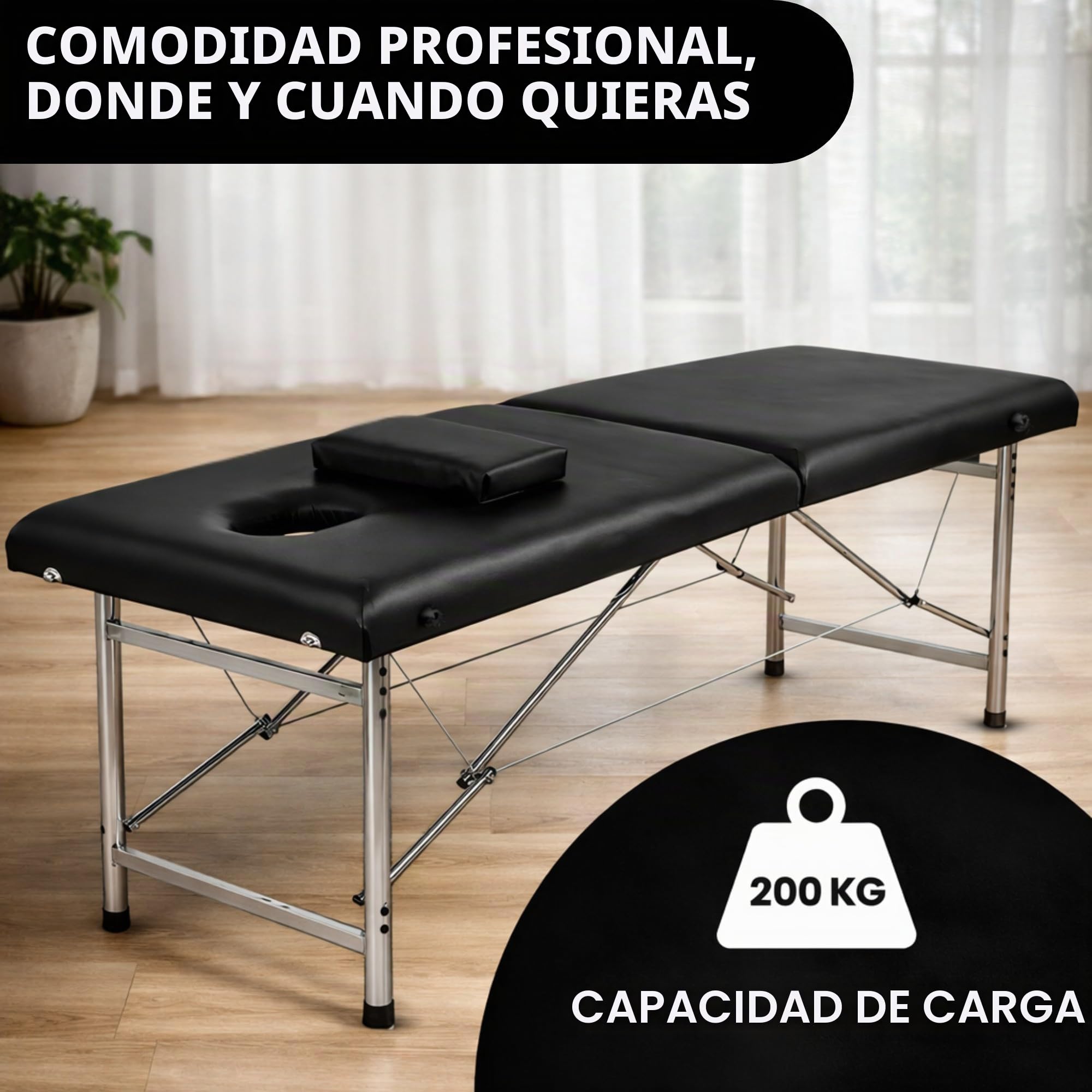 Mesa de masaje plegable profesional Maya de 2 planos, ligera y ergonómica con asa integrada, revestimiento de piel sintética, comodidad óptima (aluminio, negro)