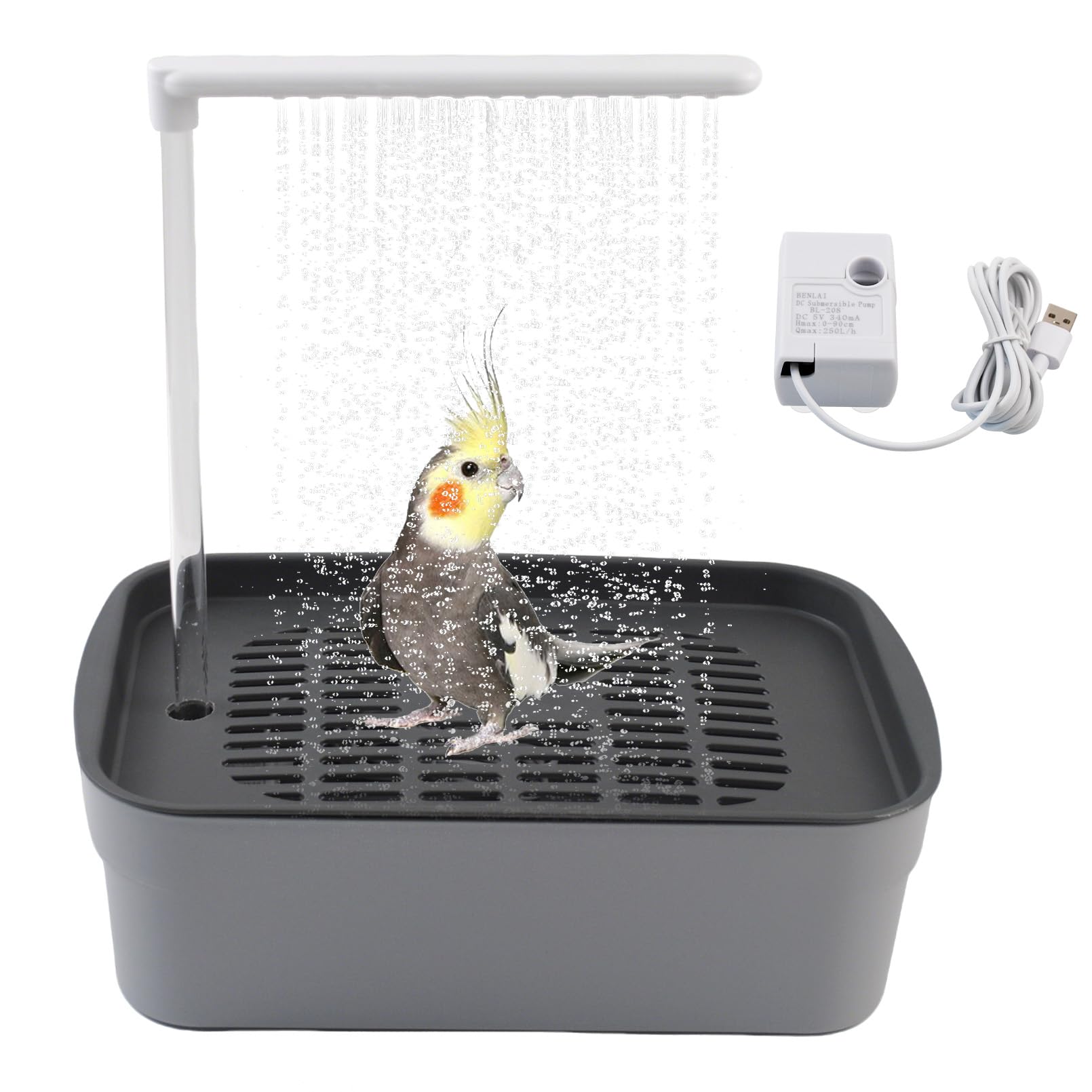 PINVNBY Automatic Bird Bath Shower for Cage,Parrot Bath Box with Pump,Parakeet Bathtub Electric Fountain Circulating Water Contains USB Power Plug for Cockatiel Lovebird Conure Budgie(Gray)