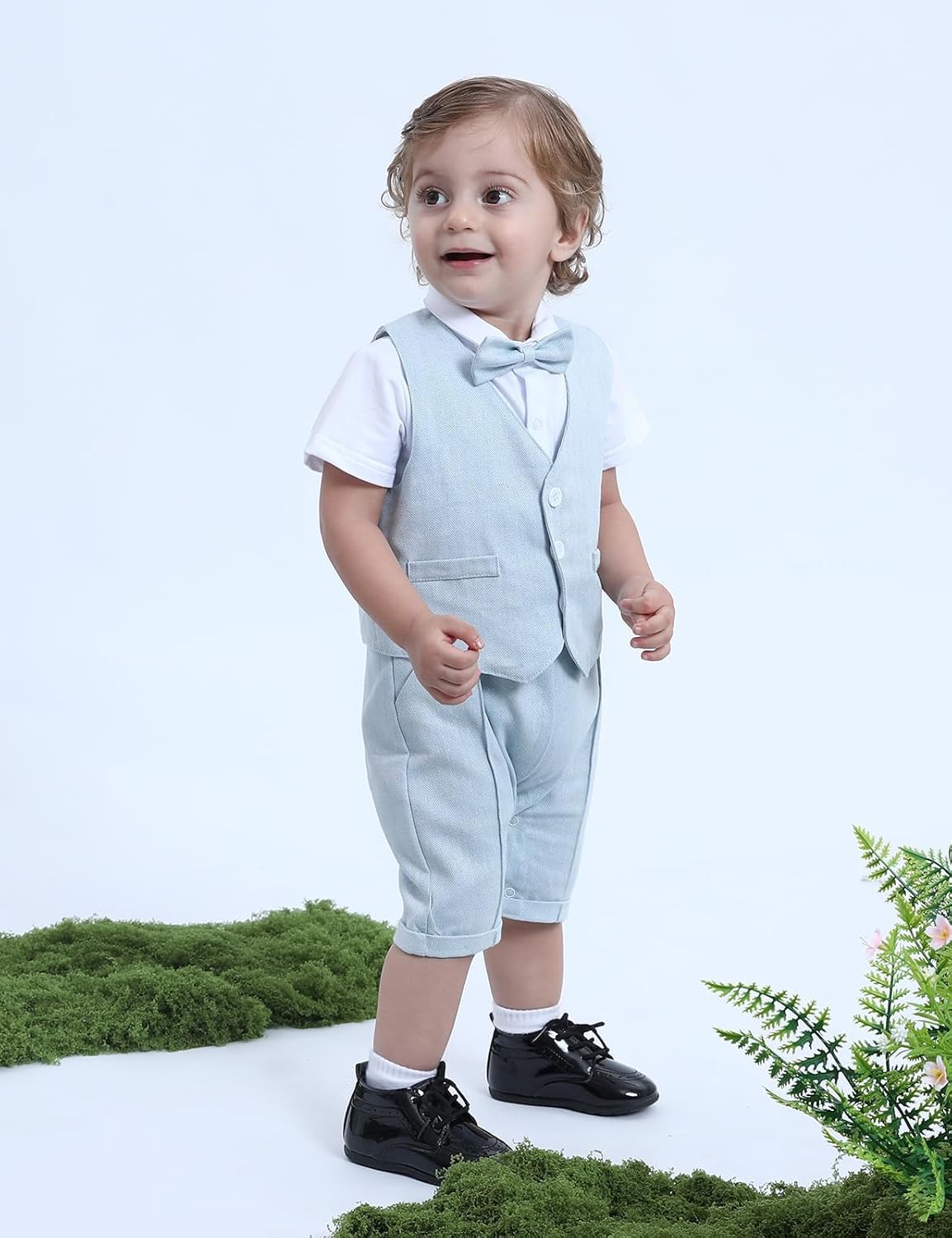 A&J DESIGN 4pcs Baby Boys Suit, Gentleman Outfits 3 Months - 18 Months, Romper & Vest & Berets Hat & Bow Tie