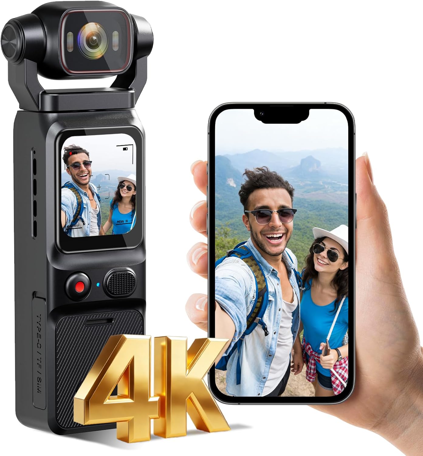 4K Vlogging Camera, Action Camera with Image Stabilization, Pocket Body Cam with APP Control, Handheld POV Cameras for Outdoor Sport, Travel(64GB Card)