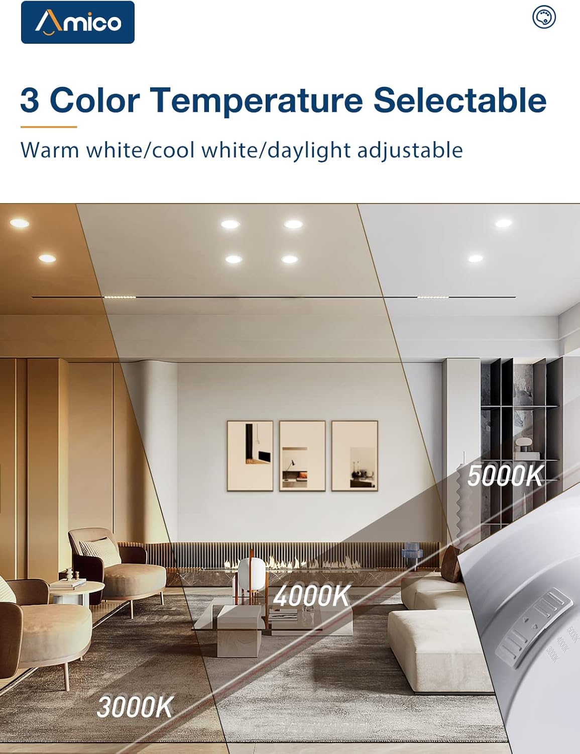 Greatest Product Amico 5/6 inch 3CCT LED Recessed Lighting 12 Pack, Dimmable, IC Damp Rated, 12.5W=100W, 950LM Can Lights with Baffle Trim, 3000K/4000K/5000K Selectable, Simple Retrofit Installation One-Day Sale: Up to 60% Off Amico 5/6 inch 3CCT LED Recessed Lighting 12 Pack, Dimmable, IC Damp Rated, 12.5W=100W, 950LM Can Lights with Baffle Trim, 3000K/4000K/5000K Selectable, Simple Retrofit Installation