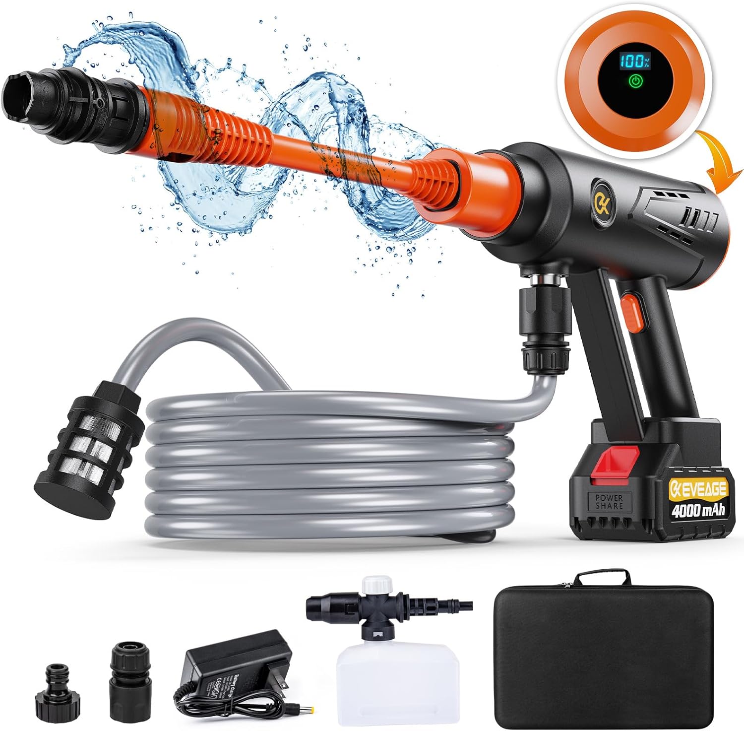 EVEAGE Cordless Power Pressure Washer 1000PSI, 2.5GPM Adjustment Portable Power Cleaner, Rechargeable Battery Powered Handheld High-Pressure Washer Gun for Car, Home Floor Cleaning - Image 6