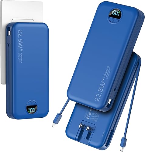 Cargador ultraportátil de 20000 mAh PD20W con cables integrados y enchufe de pared de CA, cargador de teléfono celular de carga rápida, pantalla