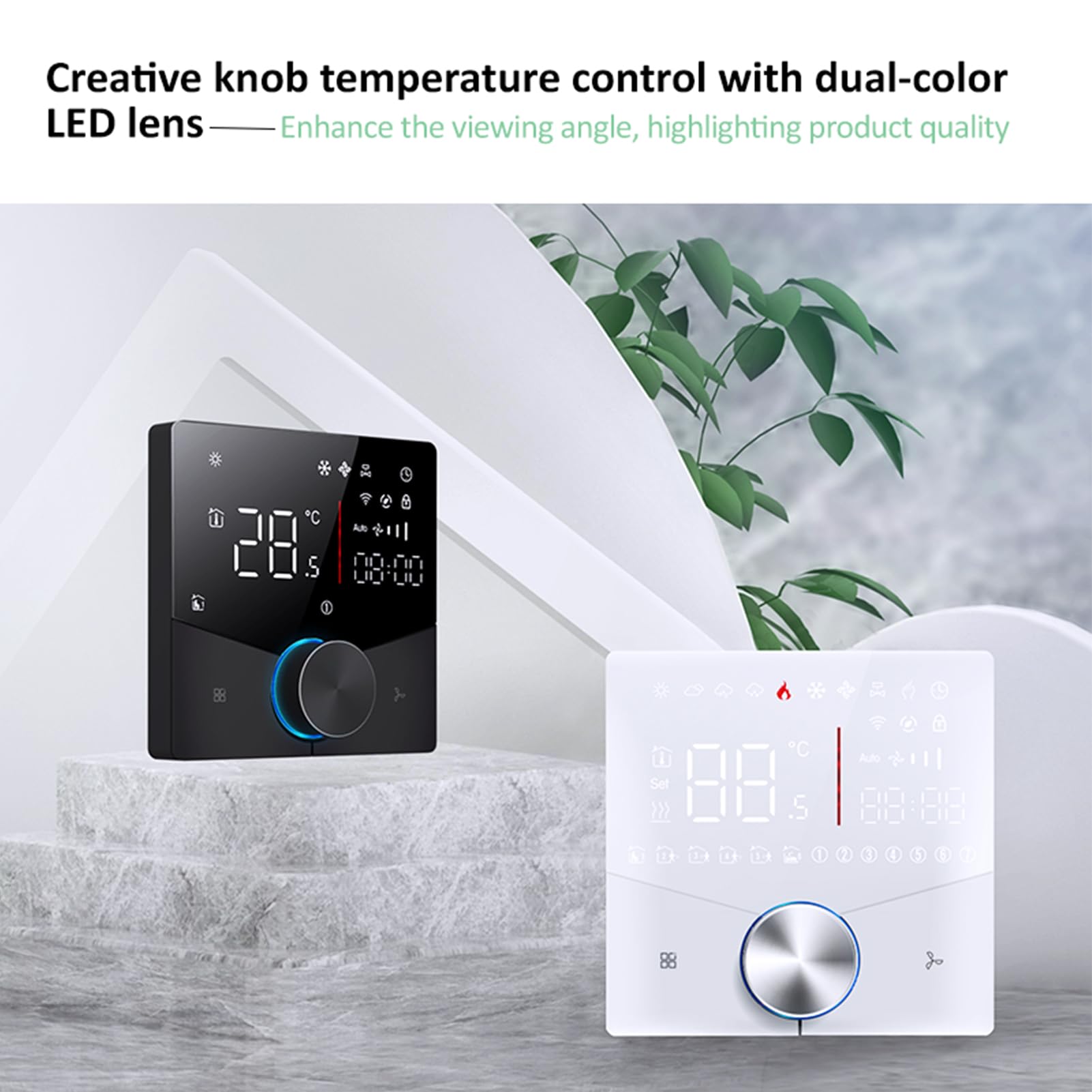 SEAFRONT Termostato Wifi 5 e 2 Termostato Programmabile Controller per Climatizzatore Wifi Smart con Manopola LED e Tasto Touch Sovradimensionato (WHITE)