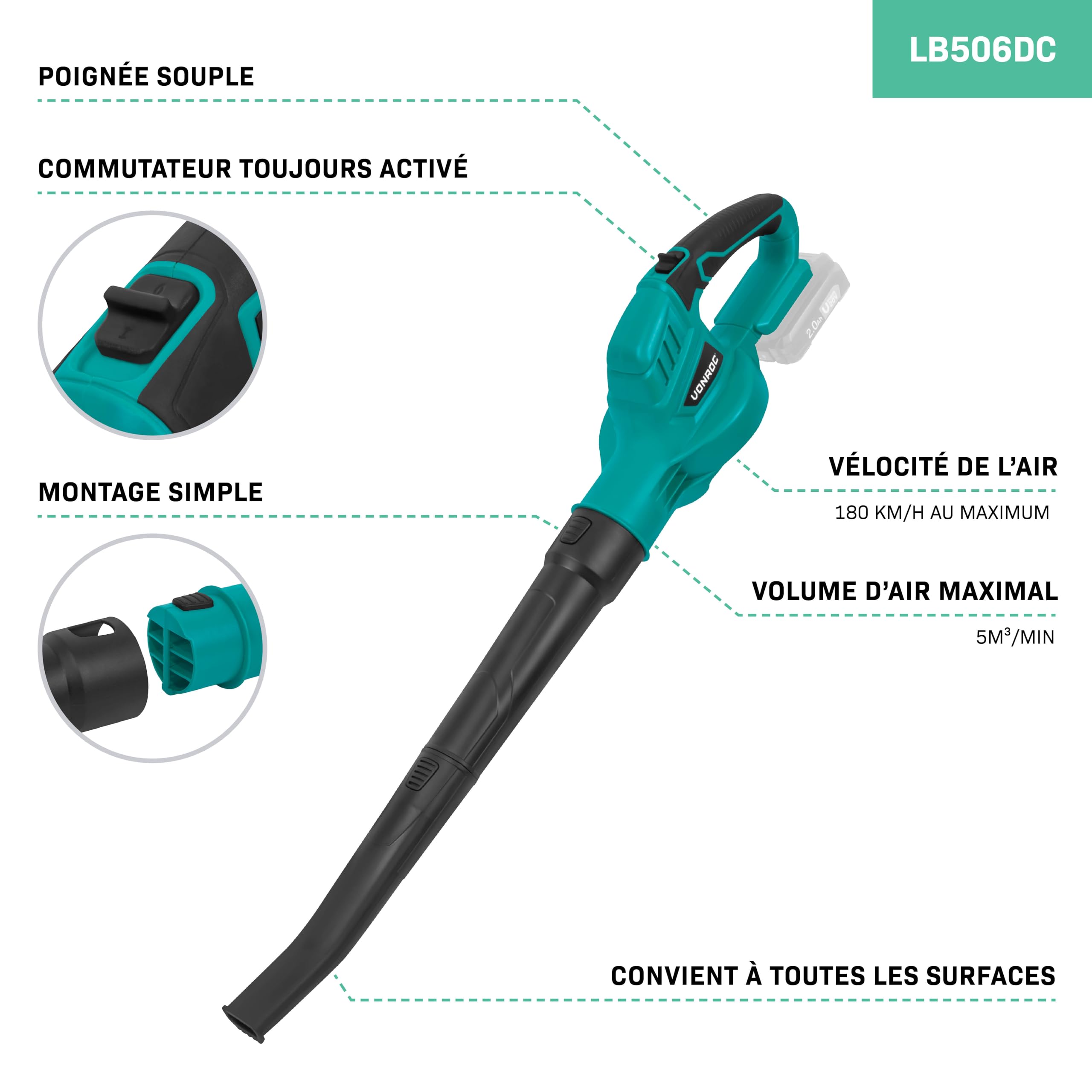 VONROC Souffleur de Feuilles sans Fil 20V - Jusqu'à 180km/h - Poignée Soft-Grip - Ramasse Feuilles Mortes, Nettoyage Jardin, Gazon - Nouveau Modèle 2024 - sans Batterie ni Chargeur
