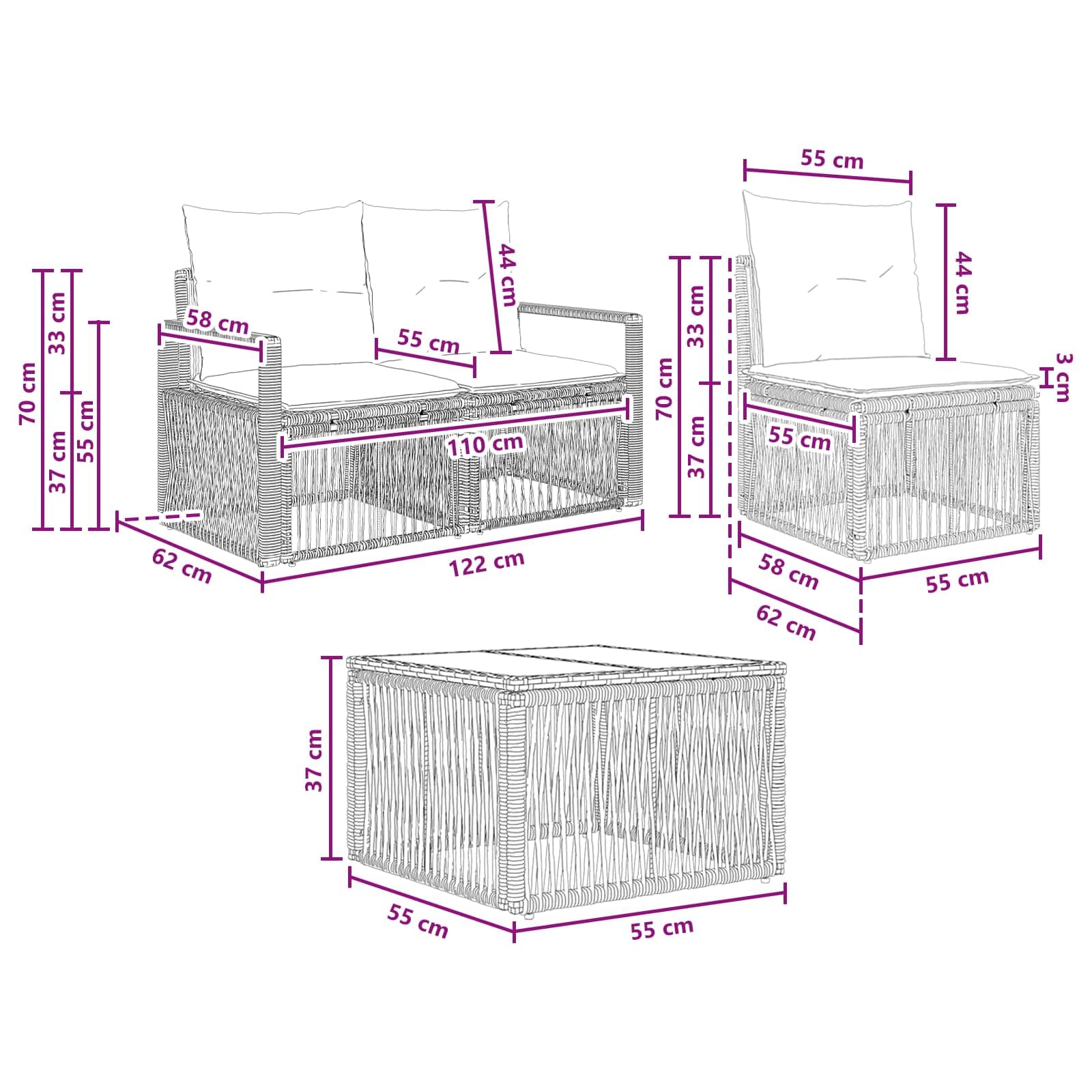Set di 7 divani da giardino in polyrattan con tavolo, beige | Salotto modulare in polyrattan per terrazza e giardino, con cuscini e robusto telaio in acciaio