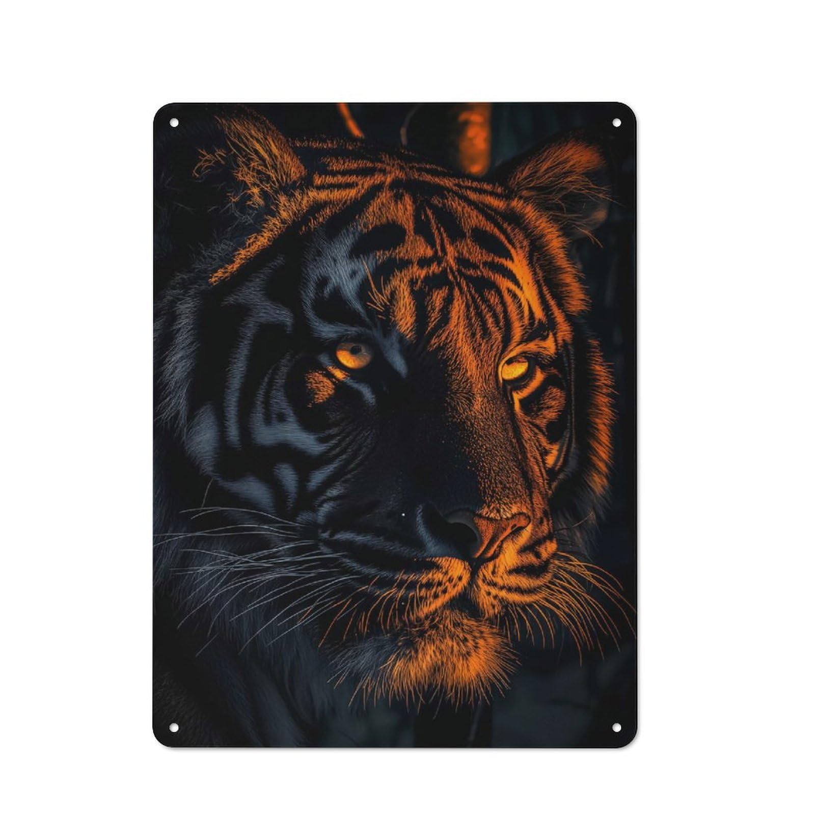 Tiger Portrait with Orange Lighting Metal Gift Sign 40x30cm, Vintage Home Wall Decor for Home, Shop, Pub Or Studio Wall