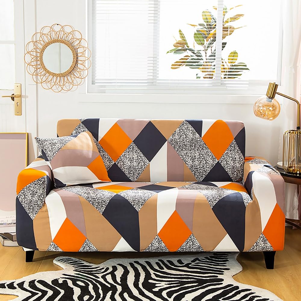 Story@Home Sofa Cover - 2 Seater, Orange & Beige -1