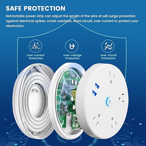 Miniatura 6 de Regleta de alimentación retráctil, cable de extensión de 6 pies, protector de sobretensiones retráctil con 4 tomas, 2 puertos USB inteligentes y