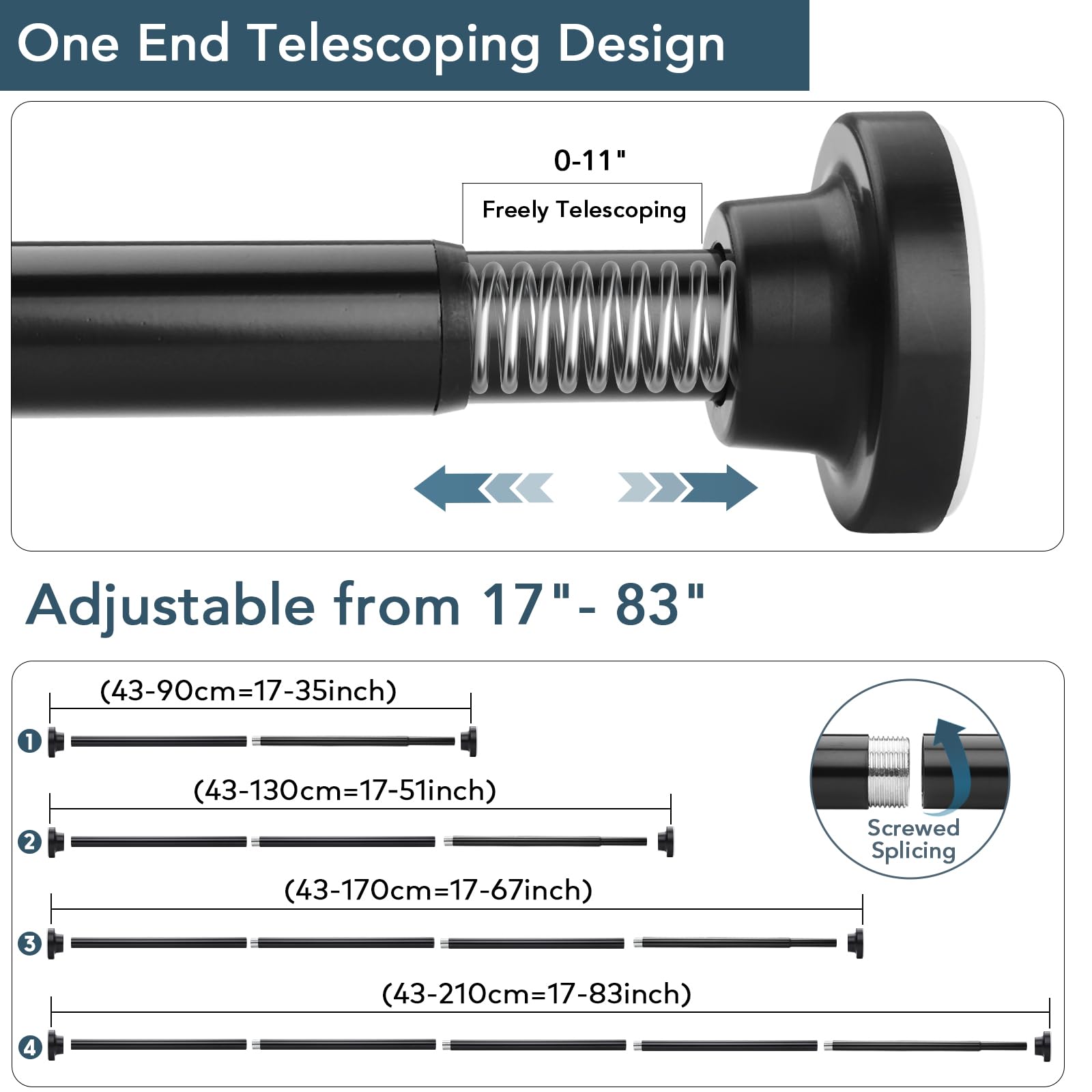 SILKVERSE Adjustable Black Shower Curtain Rods 17-83 Inch, No Drill Anti-Rust Non-Slip Heavy Duty Spring Tension Shower Rod, 1" Diameter Drapery Telescoping Curtain Rods for Bathroom