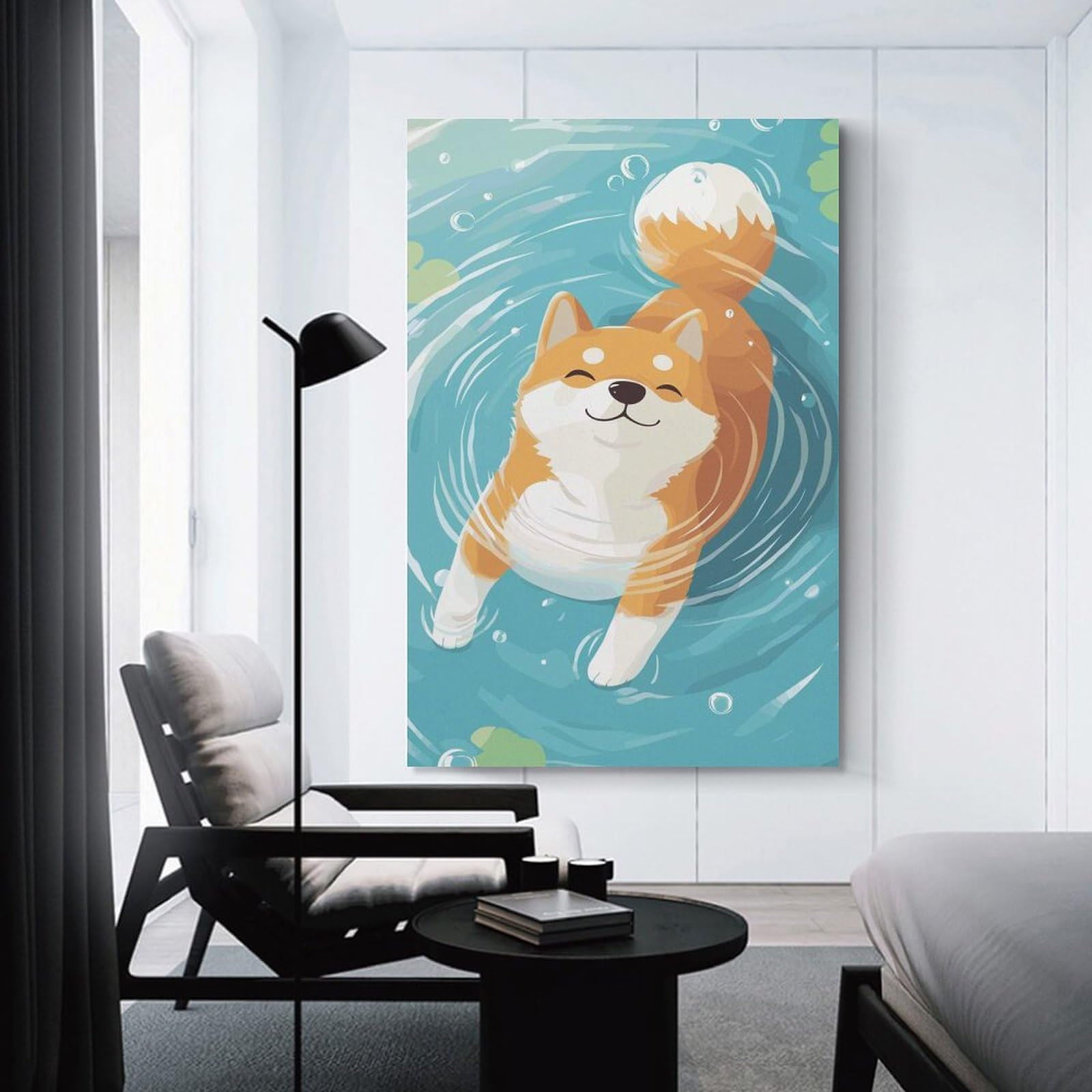 Junmoney Wall Art Print Shiba Inu Swimming, 24x36inch(60x90cm), for Hallway, Bedroom Or Modern Interiors, Thoughtful Wall Decor for Art Lovers