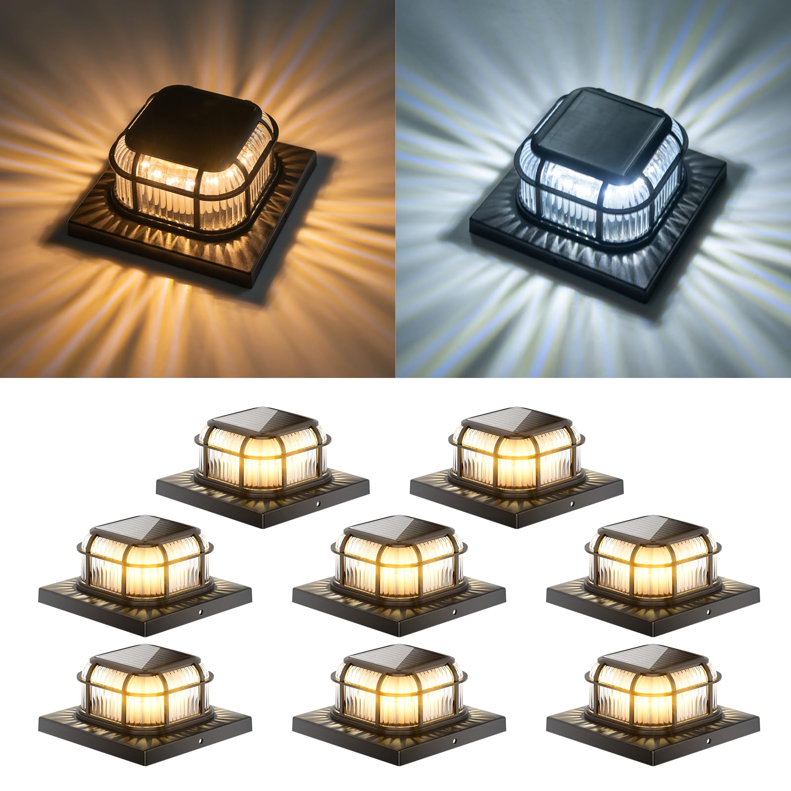 Solar Post Light 8 Packs with 4x4, 5x5 and 6x6 Inches Base for Vinyl/Wooden Posts, Bright 16 LEDs Solar Cap Lights with Two Light Modes for Decorating Deck, Patio, Porch, Fence (Black)