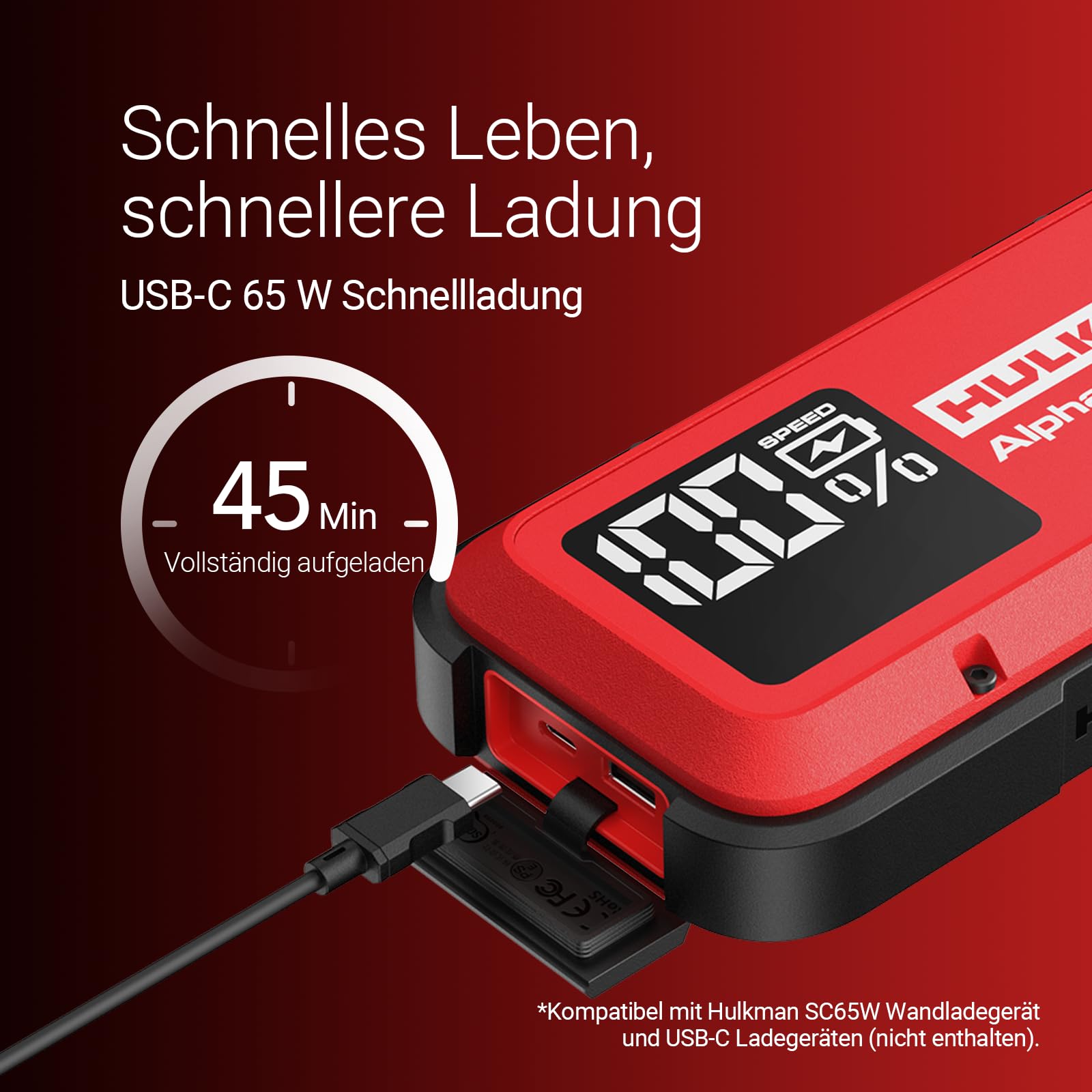 HULKMAN Alpha Ultra Red Starthilfe 1000A 37Wh,Leicht und Stilvoll,12V Starthilfe-Box mit Kabeln,Vollständige Aufladung in 45 Min, 24 Monate Standby,IP65,LED-Anzeige,für 6.5L Benzin/3.0L Diesel Motoren
