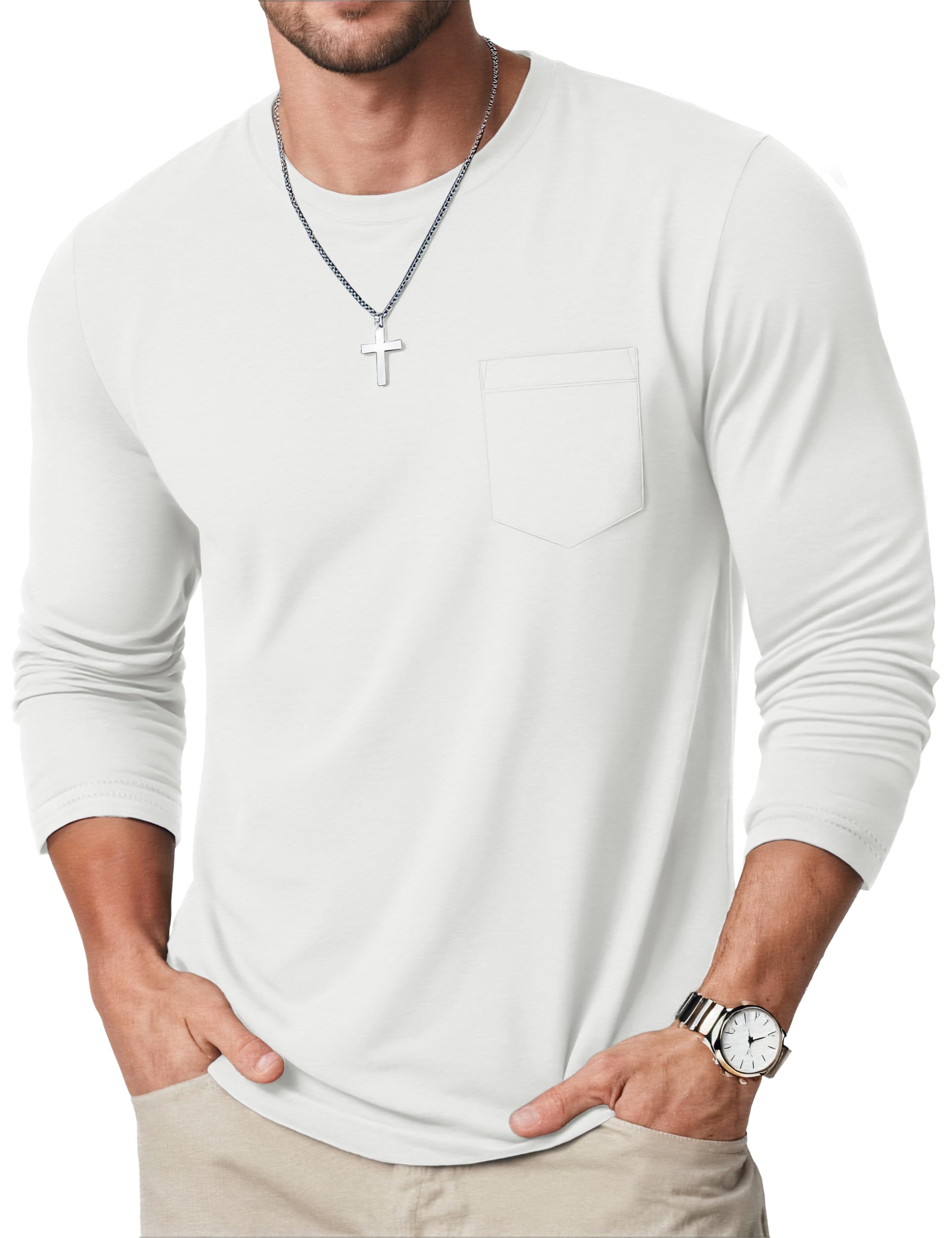 MAGCOMSEN Langarmshirt Herren Longsleeve Shirt Langarm Baumwolle Atmungsaktive Tshirt mit Tasche Freizeit Basic Rundhals