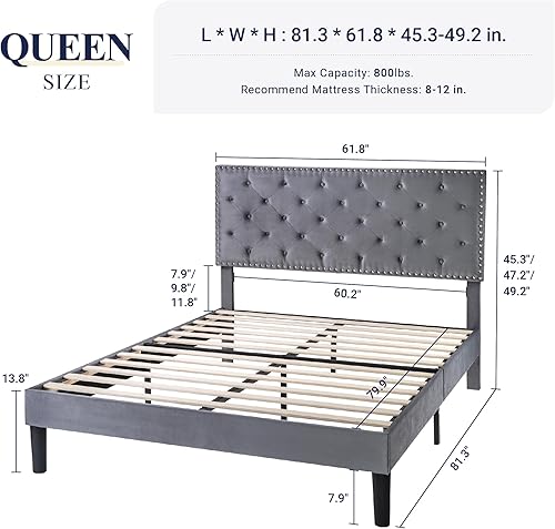 Miniatura 67 de Allewie Base de cama tapizada de terciopelo de tamaño matrimonial con botón de diamante ajustable y cabecera con ribete de clavos, soporte de Azul