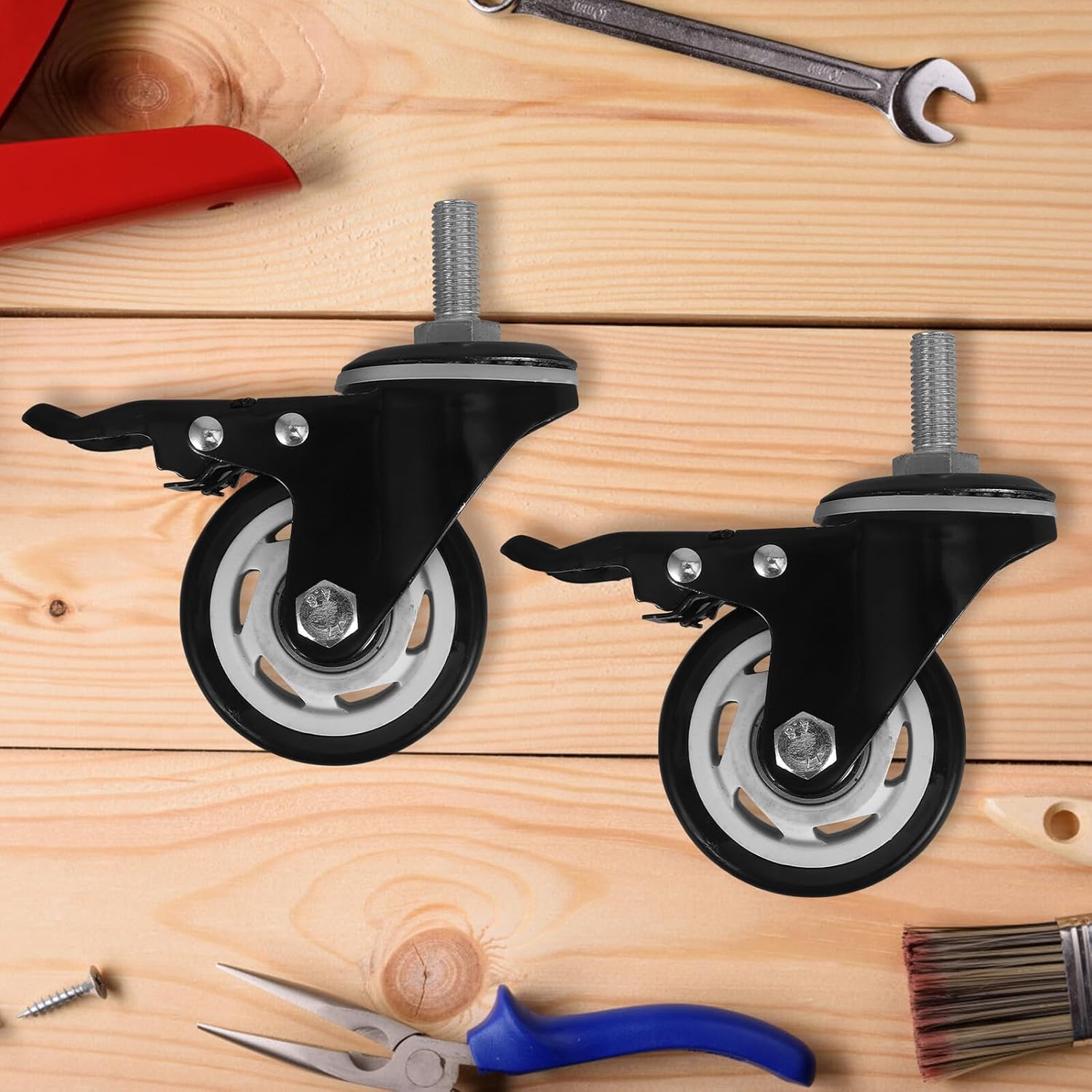 3-inch Furniture Caster Wheels Set with Brake, Silent Heavy Duty Swivel Casters for Office, Bedroom and Medical Equipment, 2 Pieces M12x30 Industrial Furniture Wheels