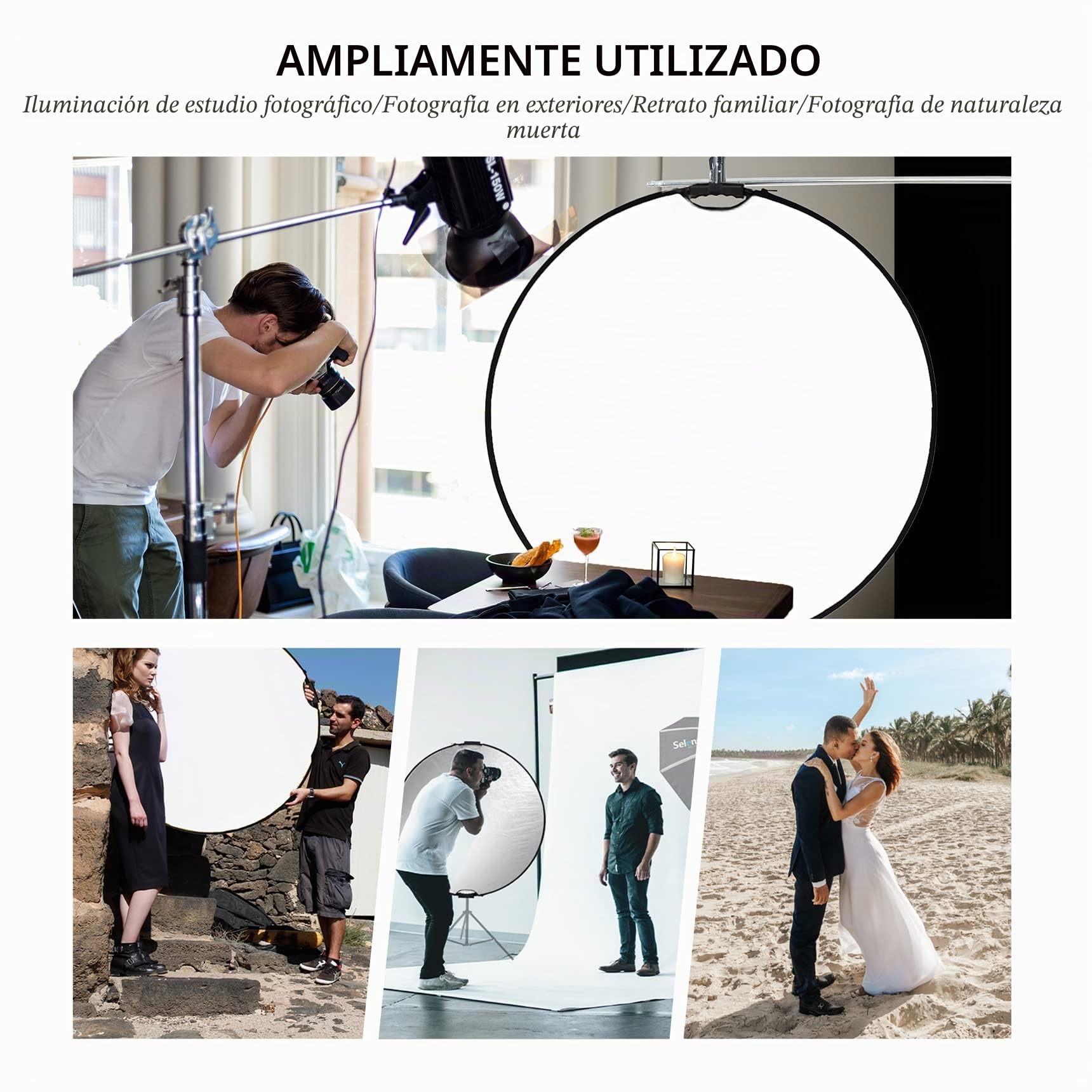 Selens 110CM 5 en 1 Reflector de Luz Redondo Plegable Portátil con Asa Iluminación Estudio Fotográfico Fotografía Al Aire Libre, Color Negro, Blanco, Oro, Plata, Translúcido