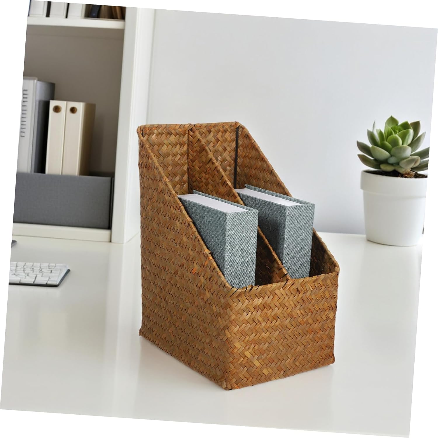 Desktop Storage Basket with Lid, Straw Woven Rustic Organizer for Books