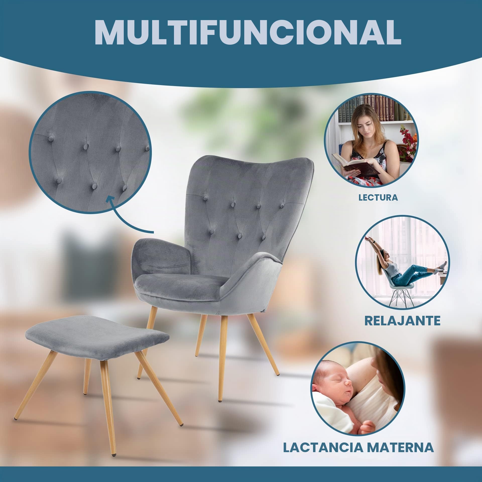Albatros Sillón de Orejas Taburete York, Gris, Funda de Terciopelo, cómodamente tapizado, butaca para TV, sillón tapizado