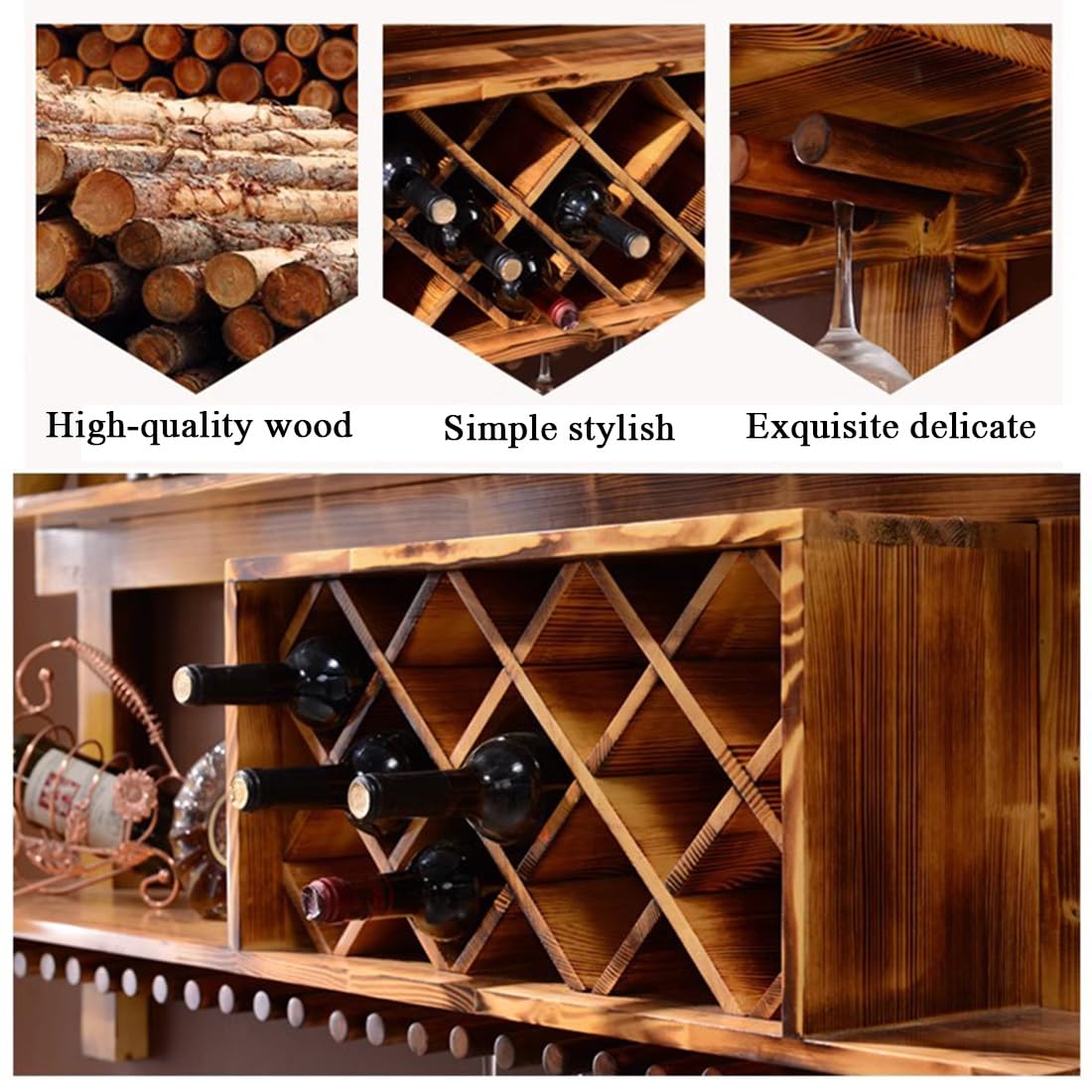 Portabottiglie vino parete Mensola cantinetta vino legno con ripiani portaoggetti e portabicchieri, angolo bar espositore galleggiante multifunzionale, moderno supporto a forma di diamante(White,140CM