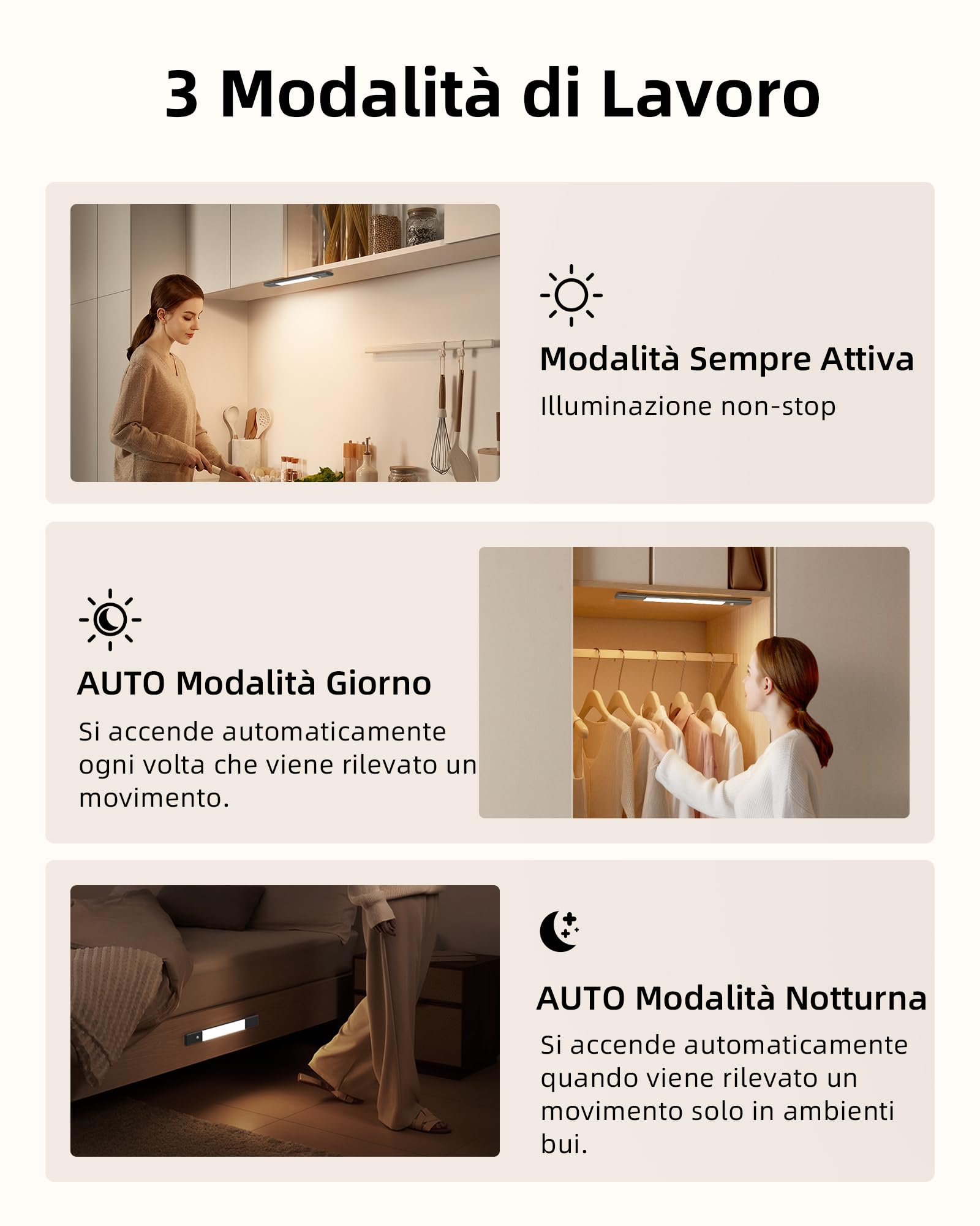 EZVALO 38CM LED Faretto da Cucina, Senza Fili a 3 Temperature di Colore, Batteria Rimovibile e Dimmerabile con Sensore di Movimento PIR per le Scale dell'armadio, Nero