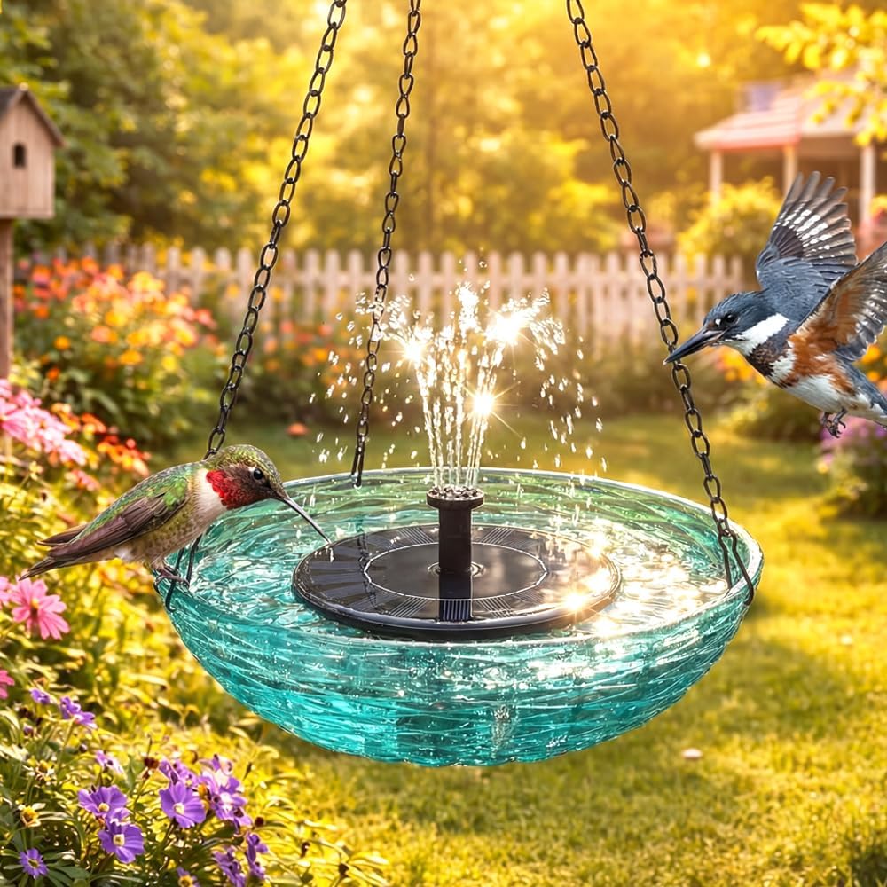 Solar Cascade Hanging Bird Bath Fountain, 2026 New Hummingbird Feeder for Outdoors Hanging, Humming Bird Bath for Outdoor, Gardens (Blue)