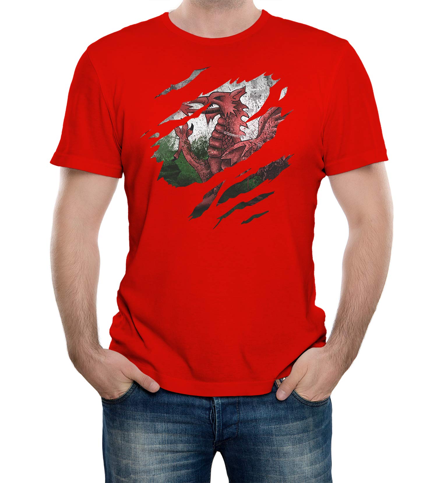 Reality Glitch Torn Wales Flag TShirt Welsh Rugby Gift (Large, Red)