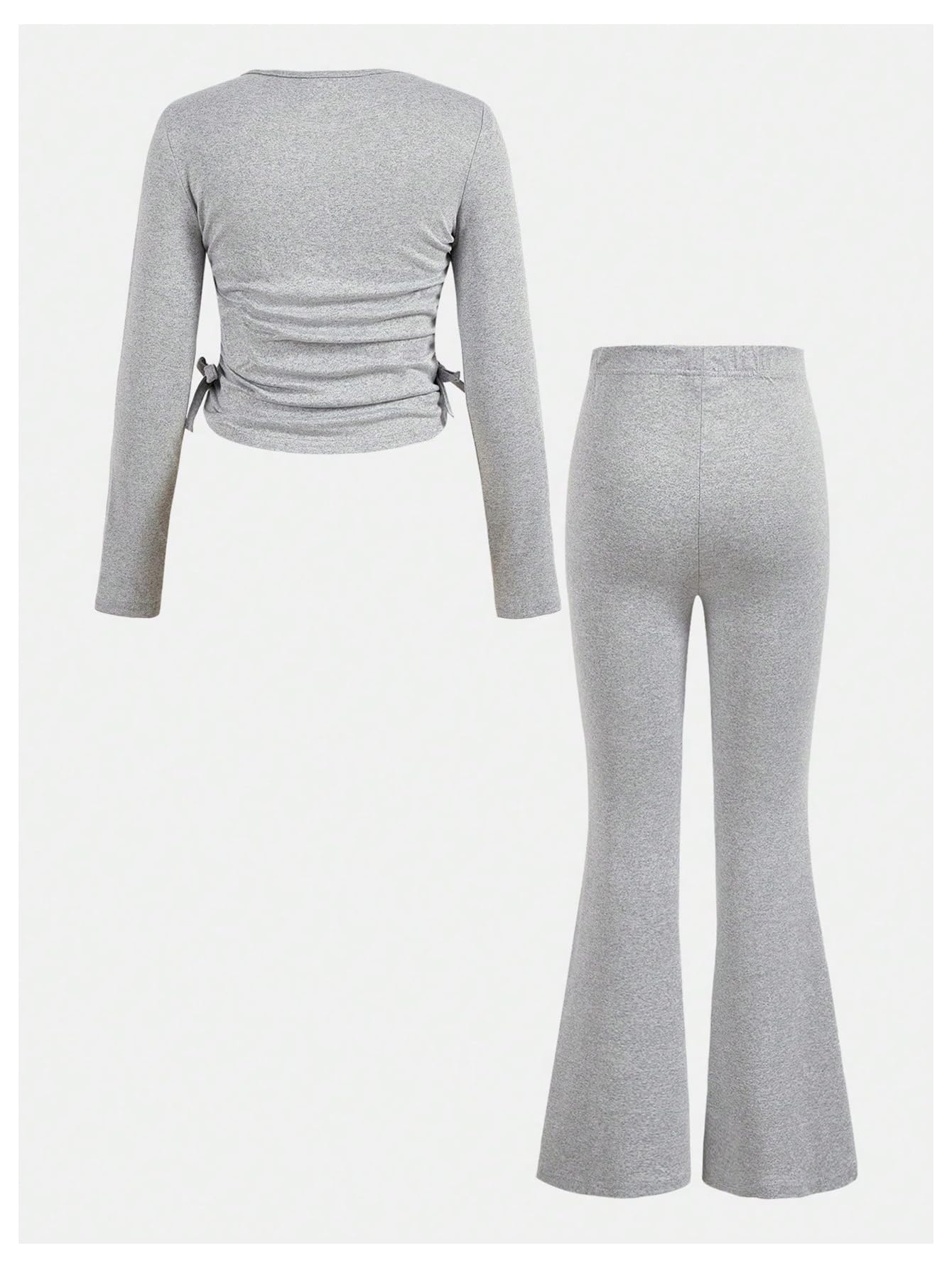 Floerns Conjunto de dos piezas para niña, camiseta de punto con lazo y pantalones acampanados