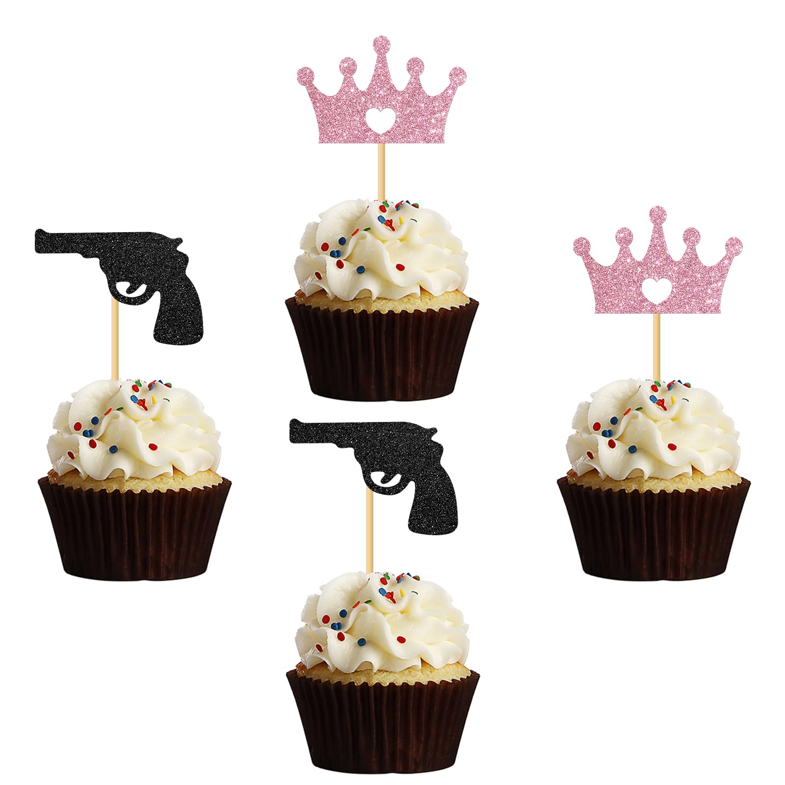 Guns or Glitter Cupcake Toppers/Guns or Crowns Dessert Decor/Gender Reveal Party Cupcake Decorations - Boy or Girl Cake Toppers Glitter 24 Pcs