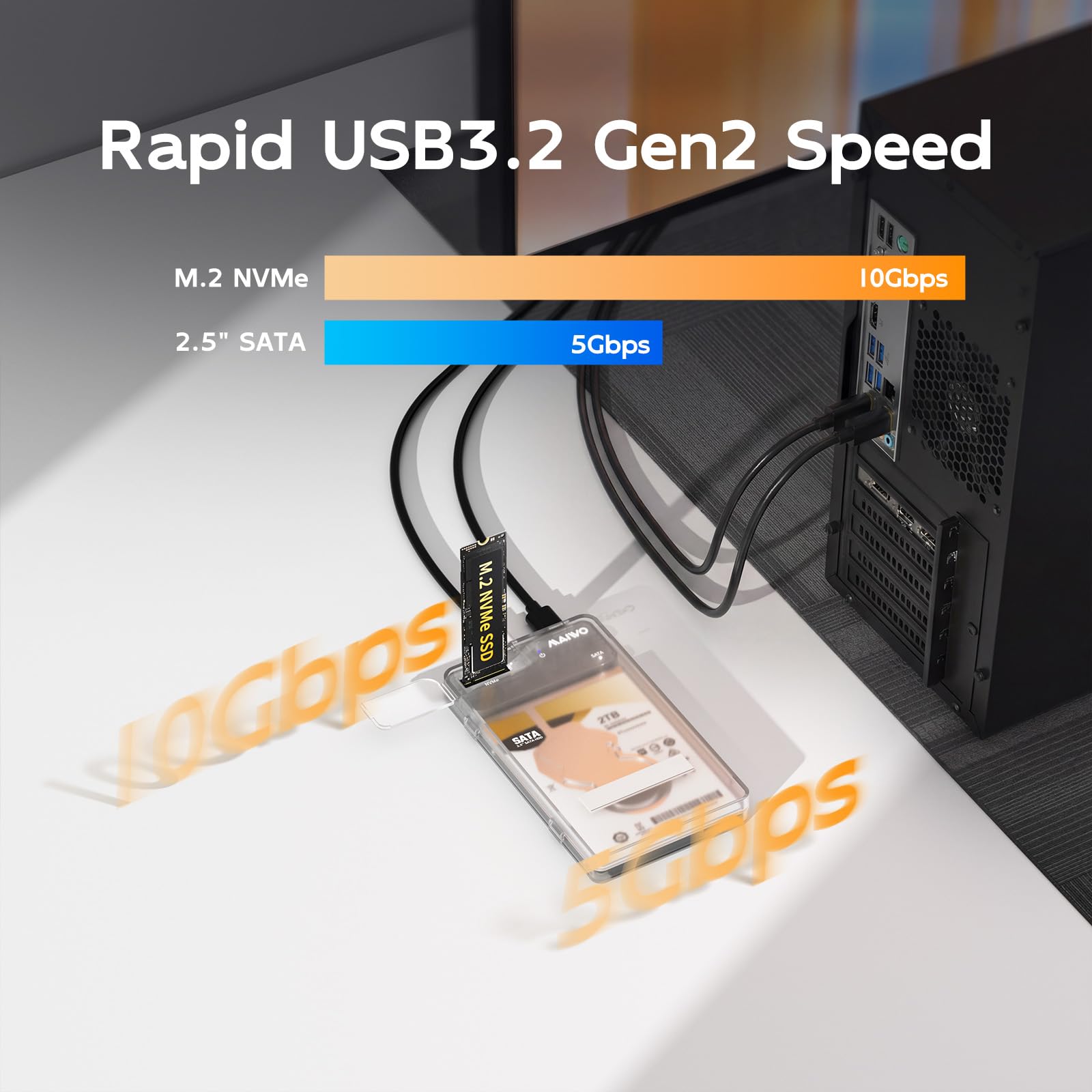 MAIWO Carcasa SSD M.2 NVMe, adaptador SATA a USB, convertidor de lector de disco duro sin herramientas de 10 Gbps para PCIe NVMe M Key y SATA SSD HDD de 2.5 pulgadas, con adaptador de corriente de