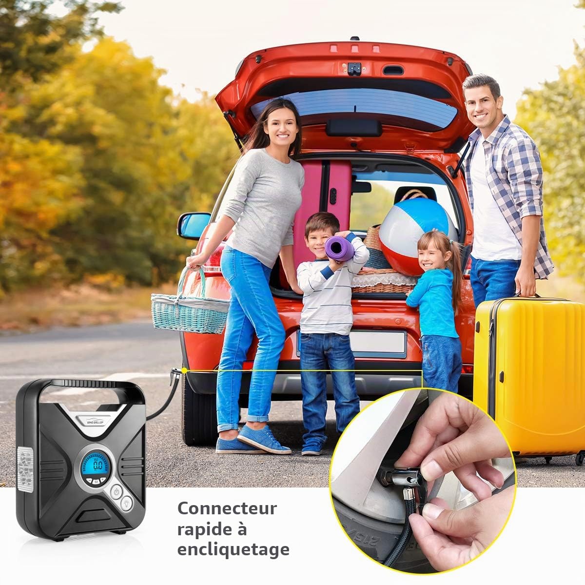 WindGallop Compresseur à Air Portable Gonfleur Electrique Gonfleur Pneus Voiture Mini Compresseur Voiture 12V Pompe A Velo Electrique avec Manomètre, Adaptateurs De Valve Et éclairage LED
