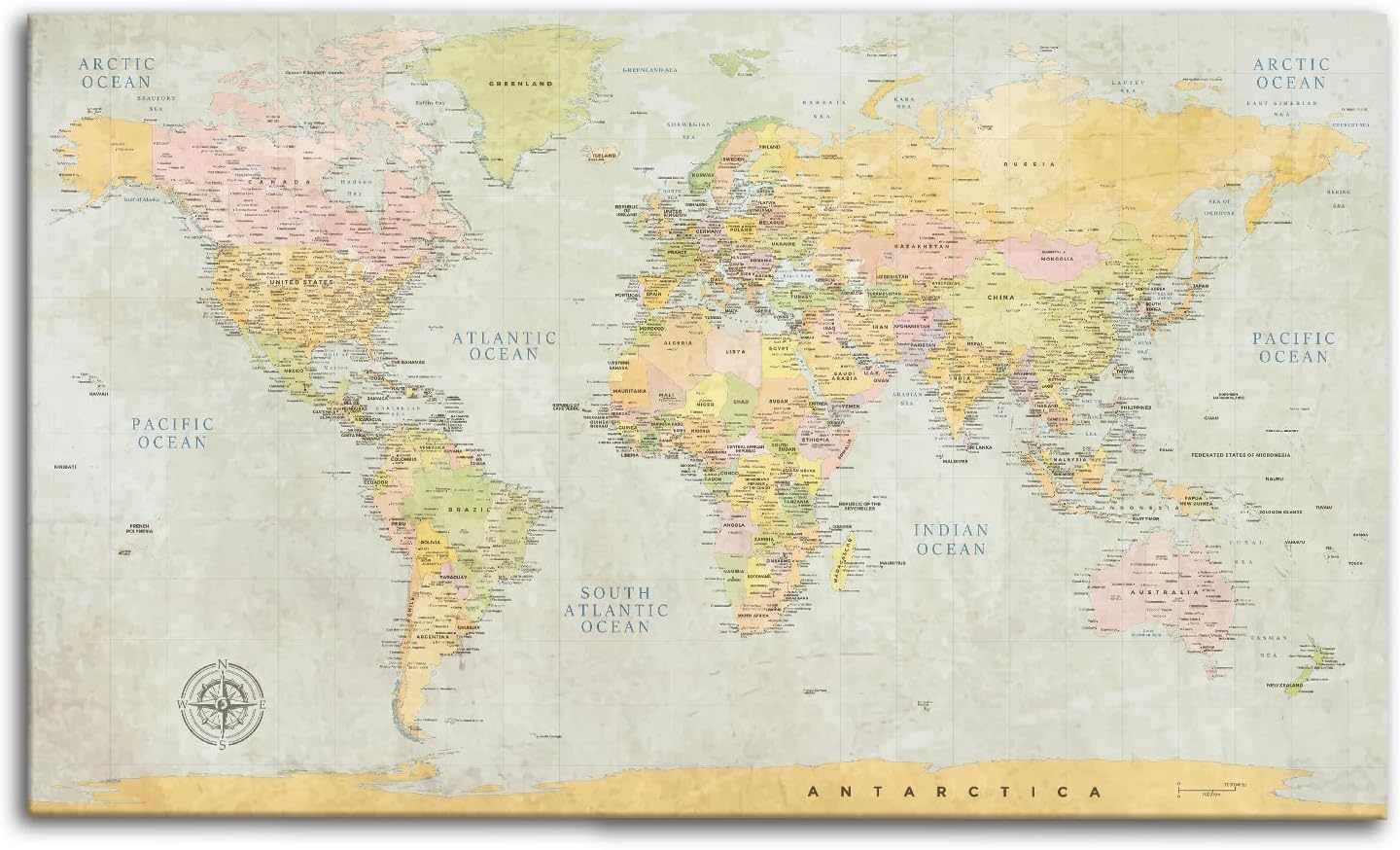 Classic Push Pin World Map, Canvas Art Bay Ready-to-Hang Globe Map, Detailed World Map for Wall Travel Map with Pins
