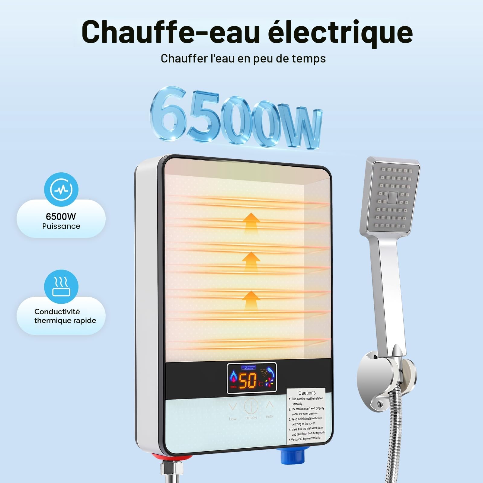 Chauffe-eau électrique instantané avec douchette à main - Chauffe-eau électrique pour salle de bain douche - 18,6 x 5,7 x 27,7 cm - 6500 W - Blanc