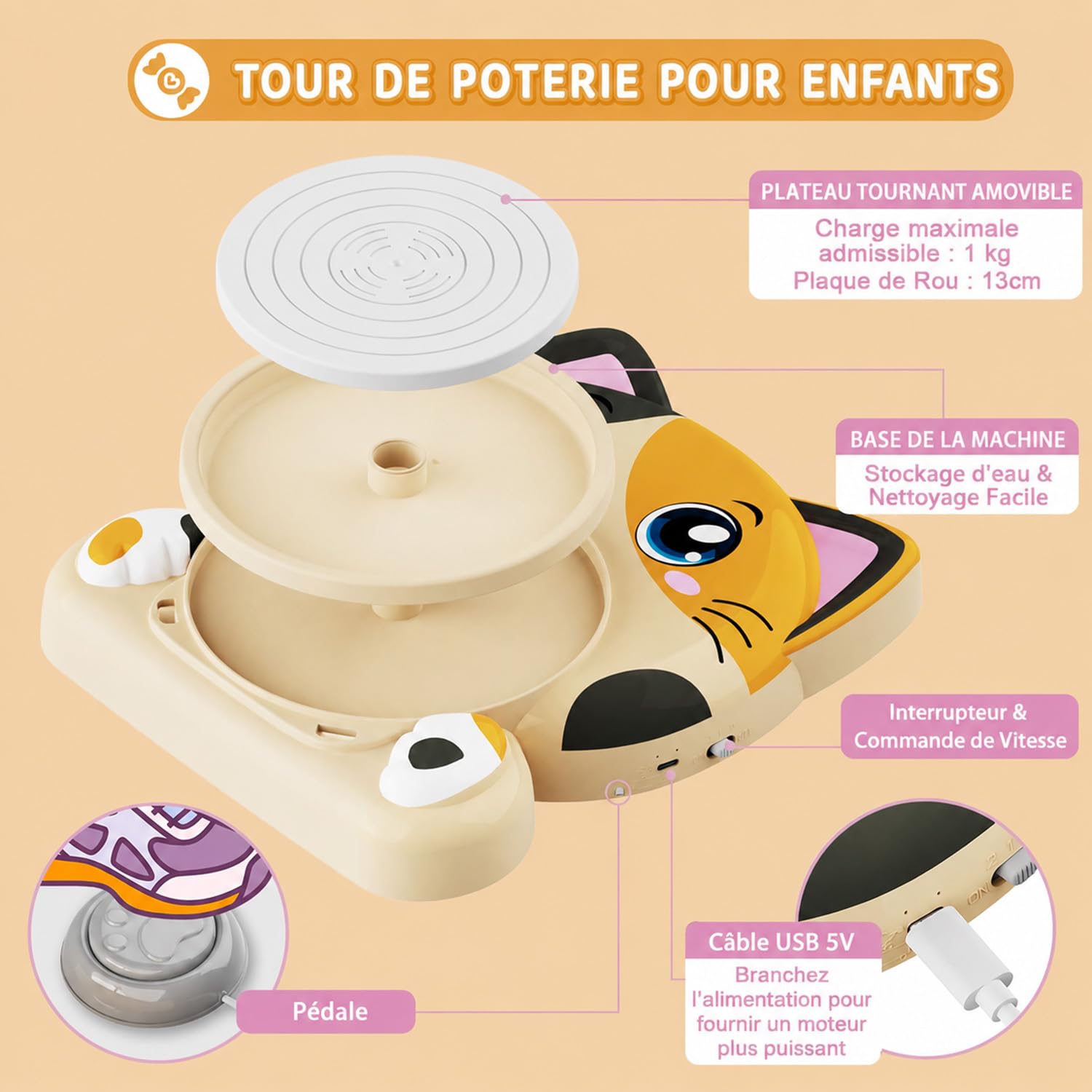 Kit Poterie Enfant - Jouet Tour de Potier Électrique - Atelier de Poterie Complet pour Débutants 6+ Ans avec 3 x Argile Auto Séchante – Activité Manuelle Enfant Cadeau pour Garçons/Filles (Motif Chat)