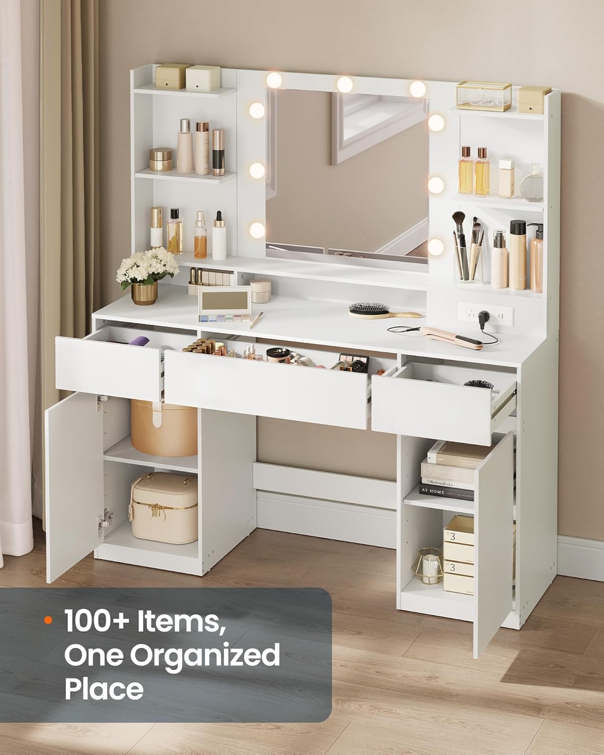 SONGMICS HOME Vanity Desk with Mirror and Lights, Makeup Vanity Table with Power Outlets, Dressing Table with Cabinets and Drawers for Bedroom, White