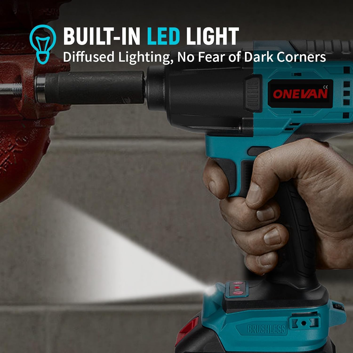 ONEVAN impact wrench with LED light illuminating a dark work area