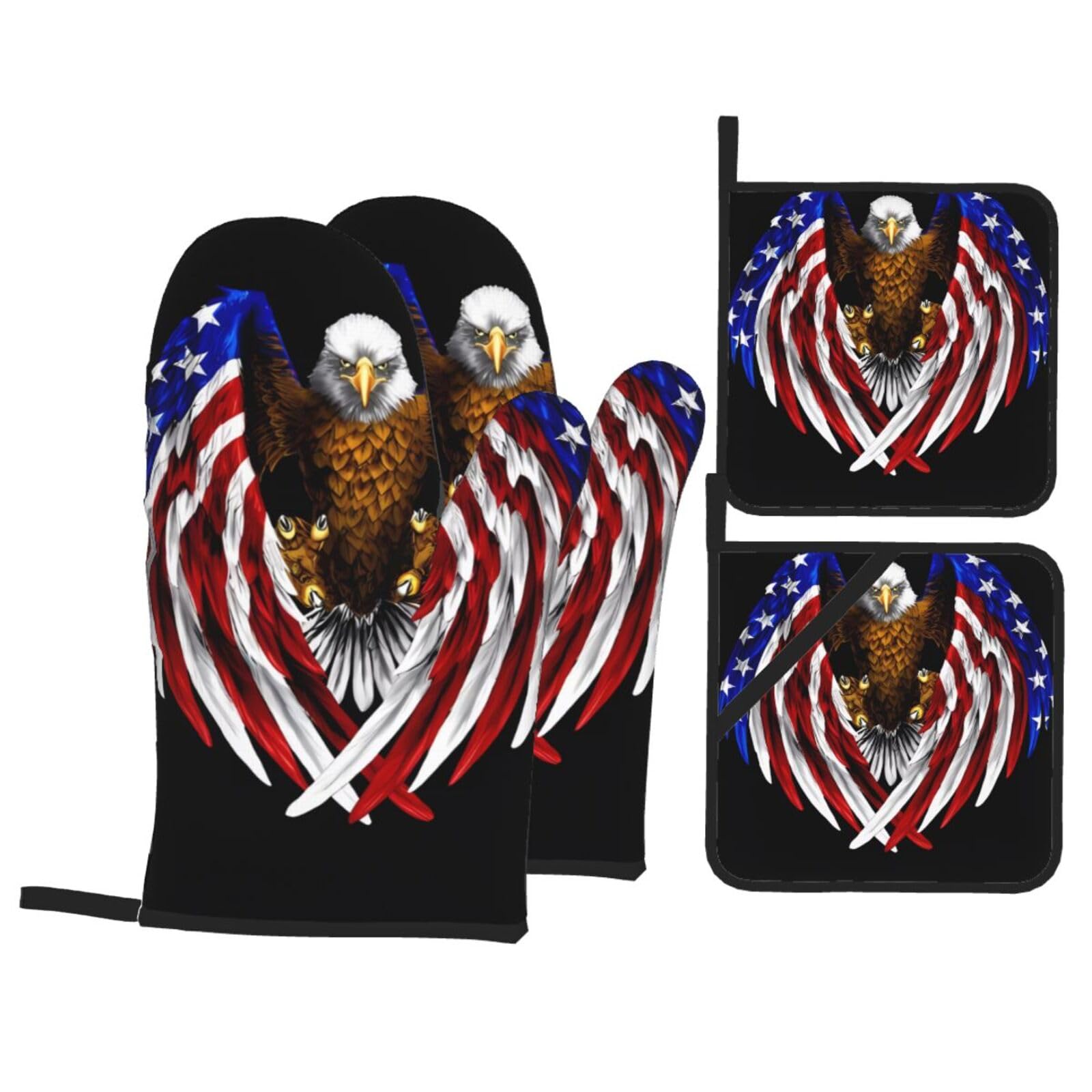 HJFCZH USA Flag Patriotic Eagle Prints Kitchen Throw Set: Durable Oven Layers with Waterproof Polyester – 4 Piece Heat Protection System