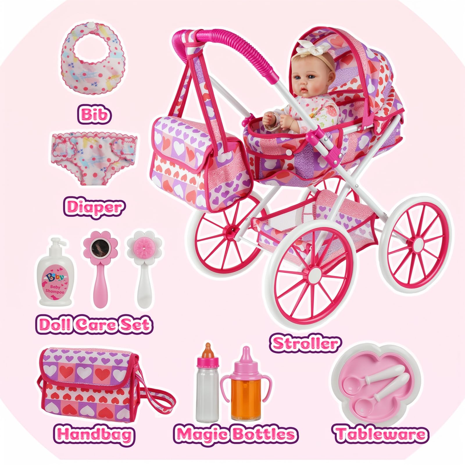 BABESIDE 10 Pcs Baby Doll Stroller Set with Feeding Doll Accessories, Baby Doll Stroller Toys for 12-16 Inches Dolls, Pretend Play Feeding Toy for Toddlers (Not Doll)